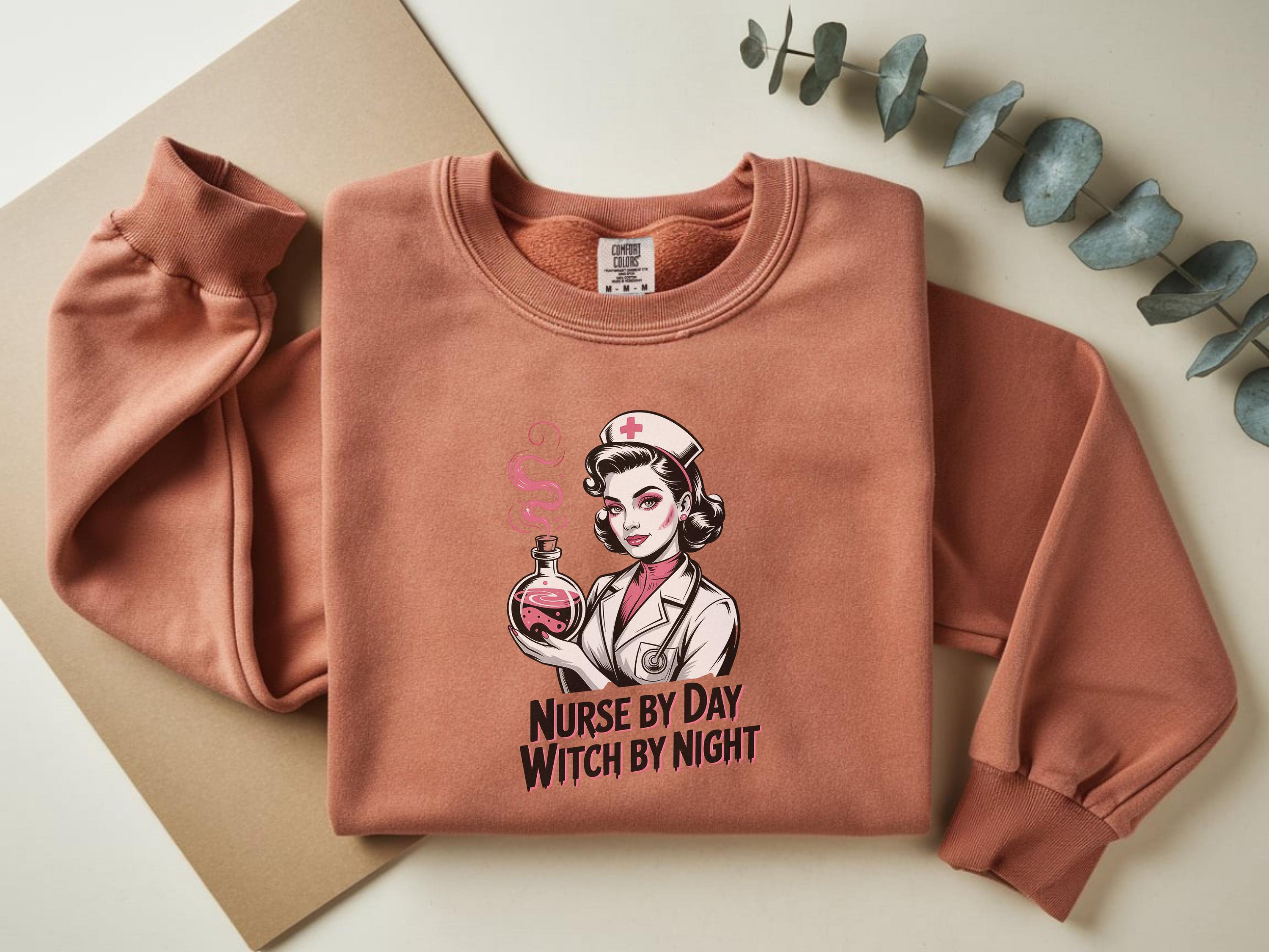 Nurse by Day Witch by Night Halloween Nurse Sweatshirt, Spooky RN Fall Top Cozy Autumn Pullover, Cute Retro Gift for Nurse