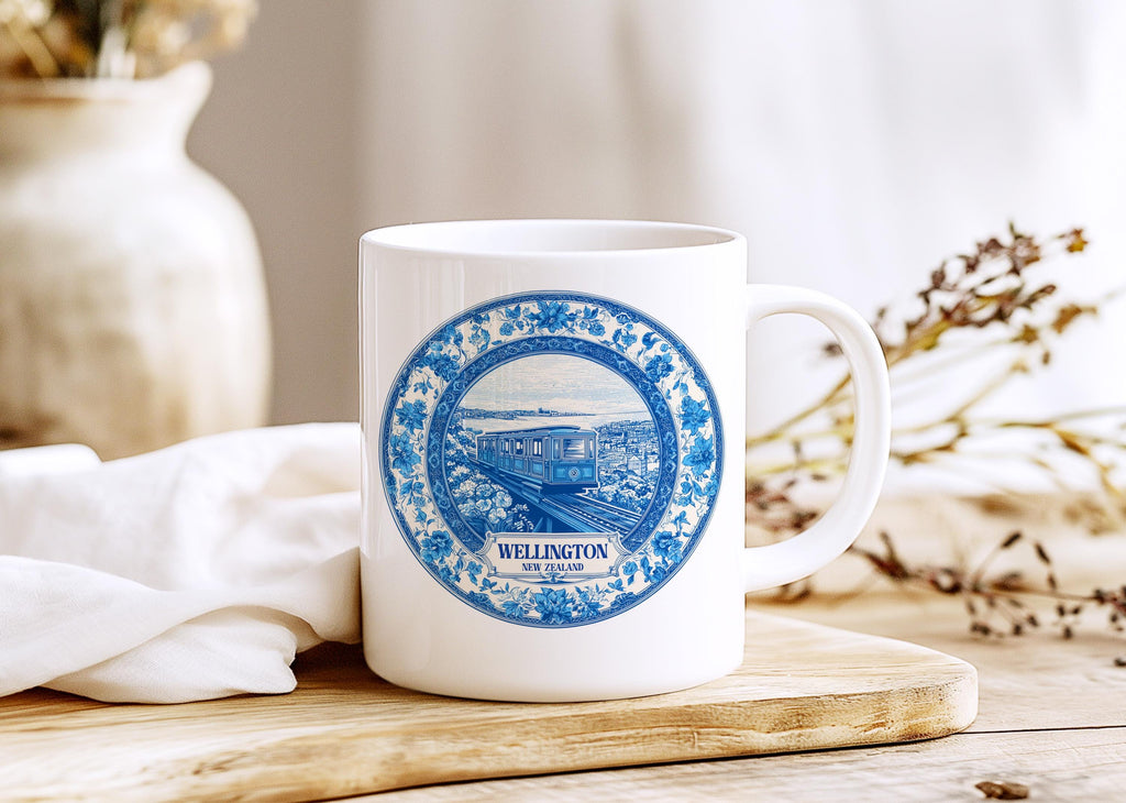 Wellington New Zealand Mug, Custom Delft Style cup, Personalized Vintage Travel City Gift