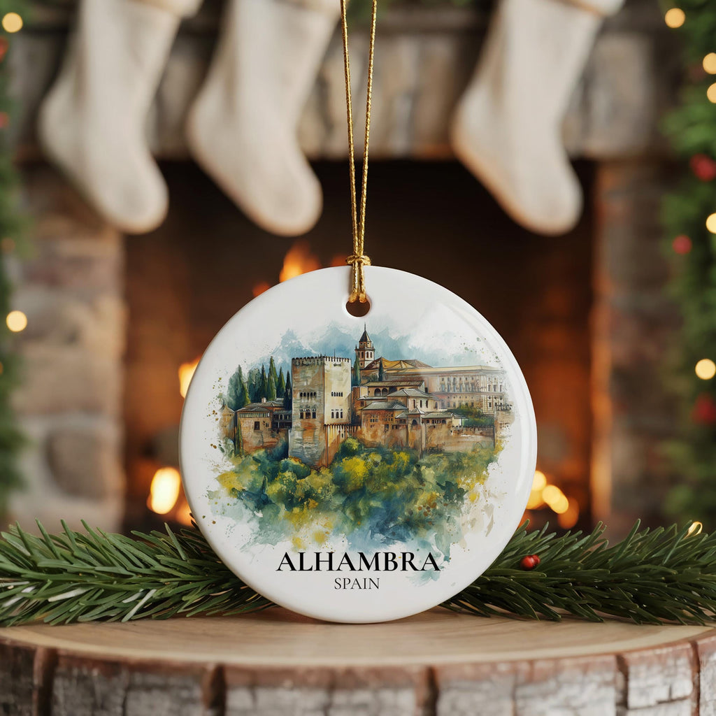 Alhambra Spain Personalized Watercolor Ornament, Custom Ceramic Christmas gift, Travel Keepsake