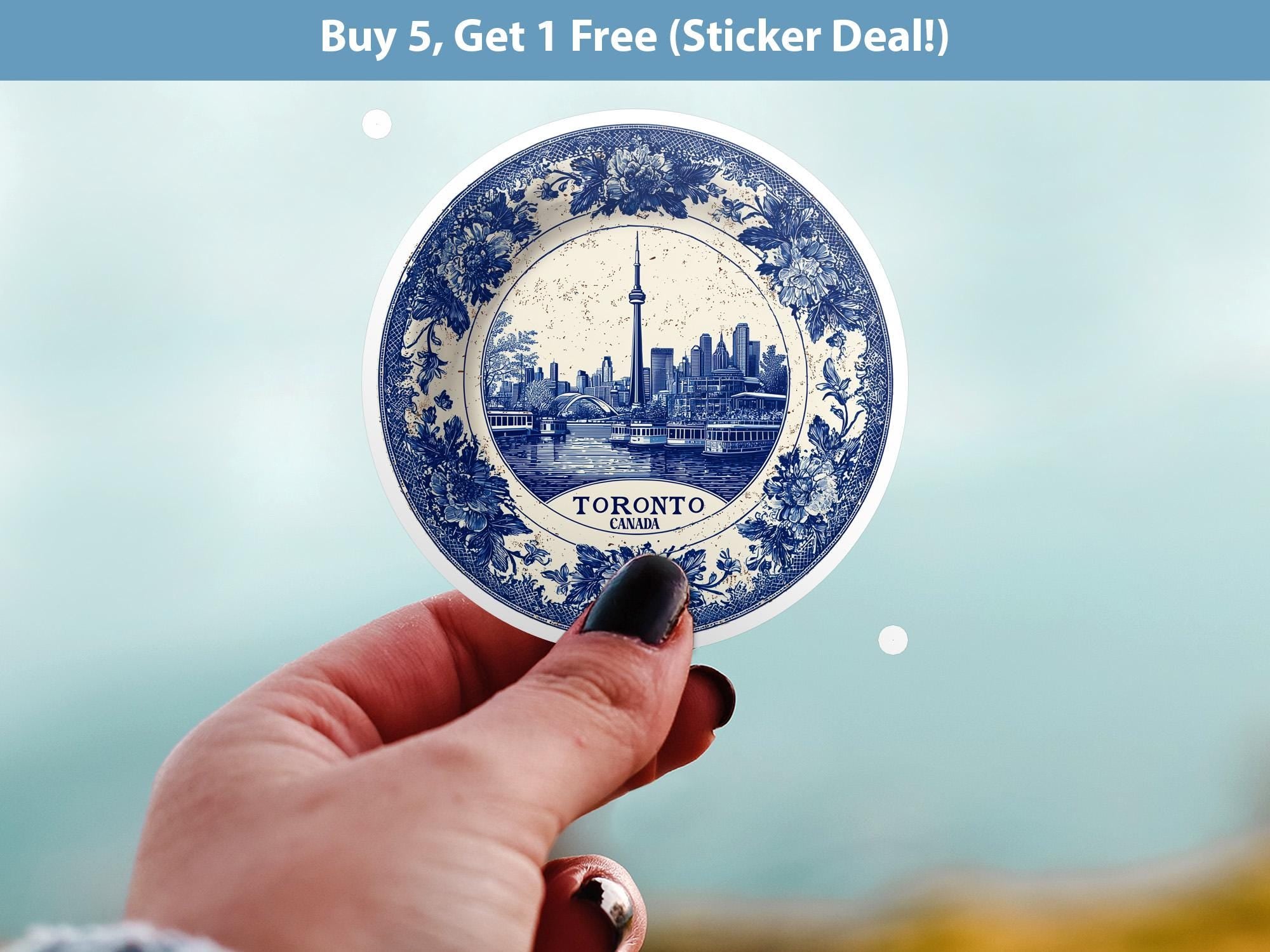 Toronto Canada Sticker Vintage Delft style, Delftware Decal Waterproof Vinyl, Blue City Travel