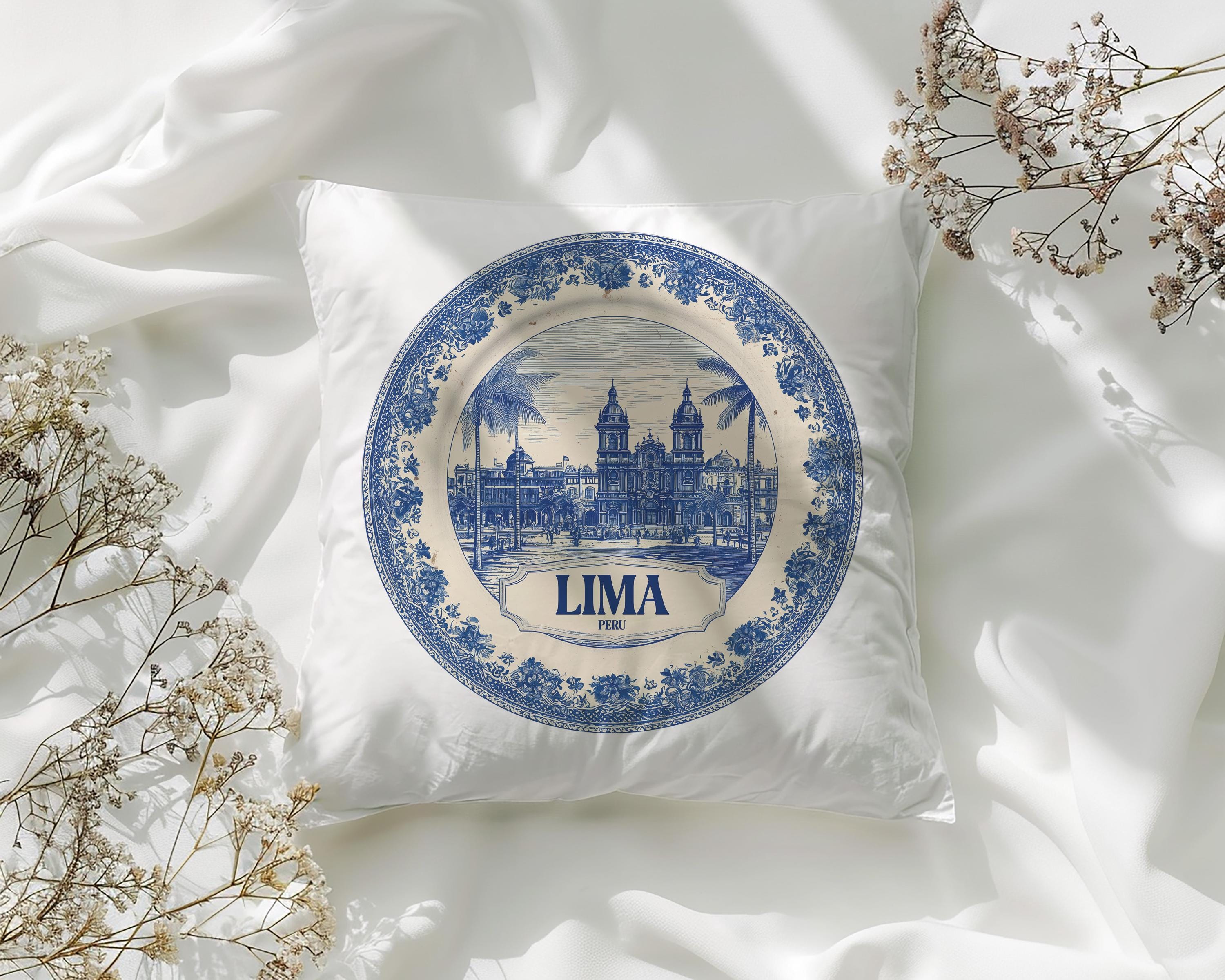 Lima Peru Pillowcase, Delft Style Decorative Throw Pillow, Vintage Cityscape Retro Home Decor