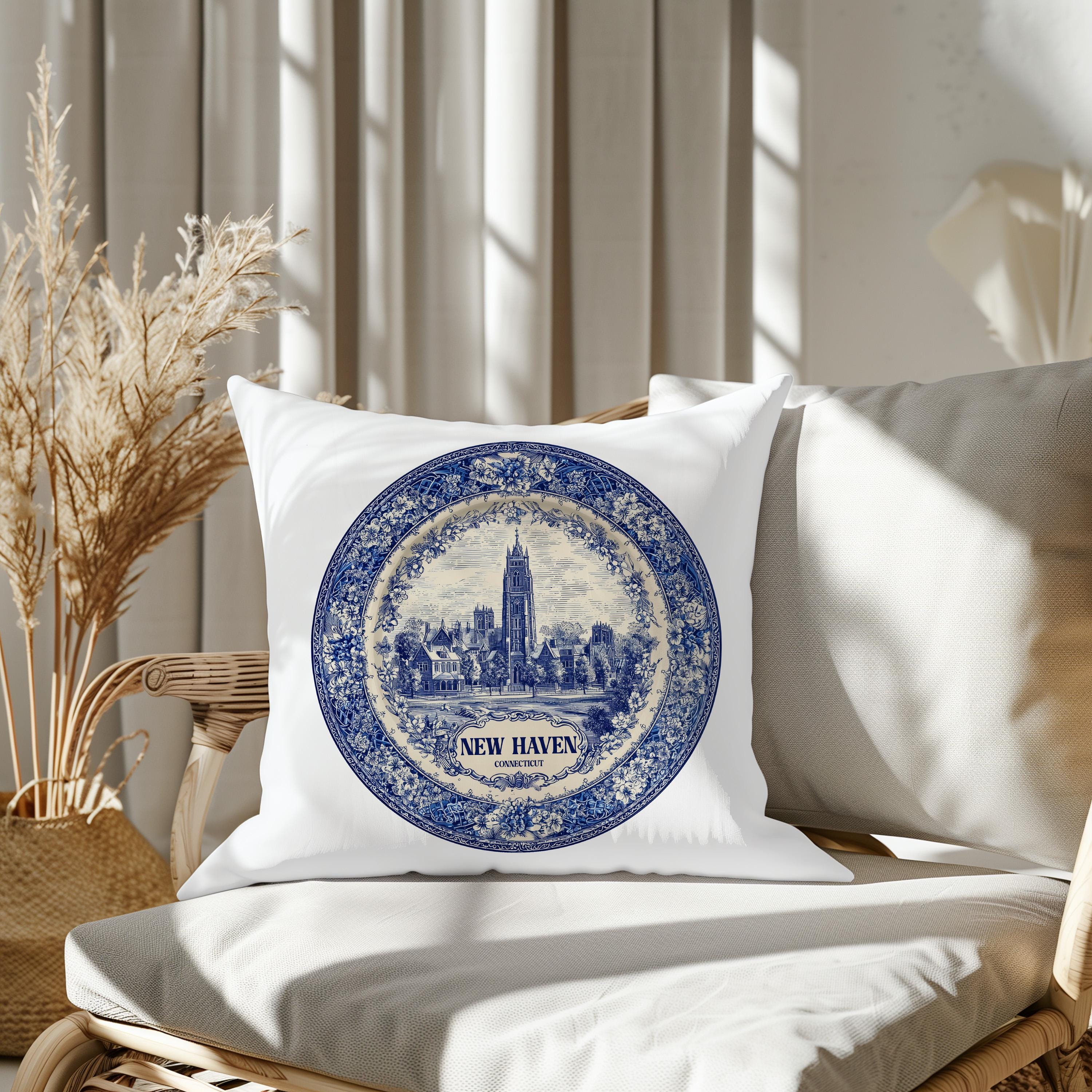 New Haven Connecticut Pillowcase, Delft Style Decorative Throw Pillow, Vintage Cityscape Retro Home Decor