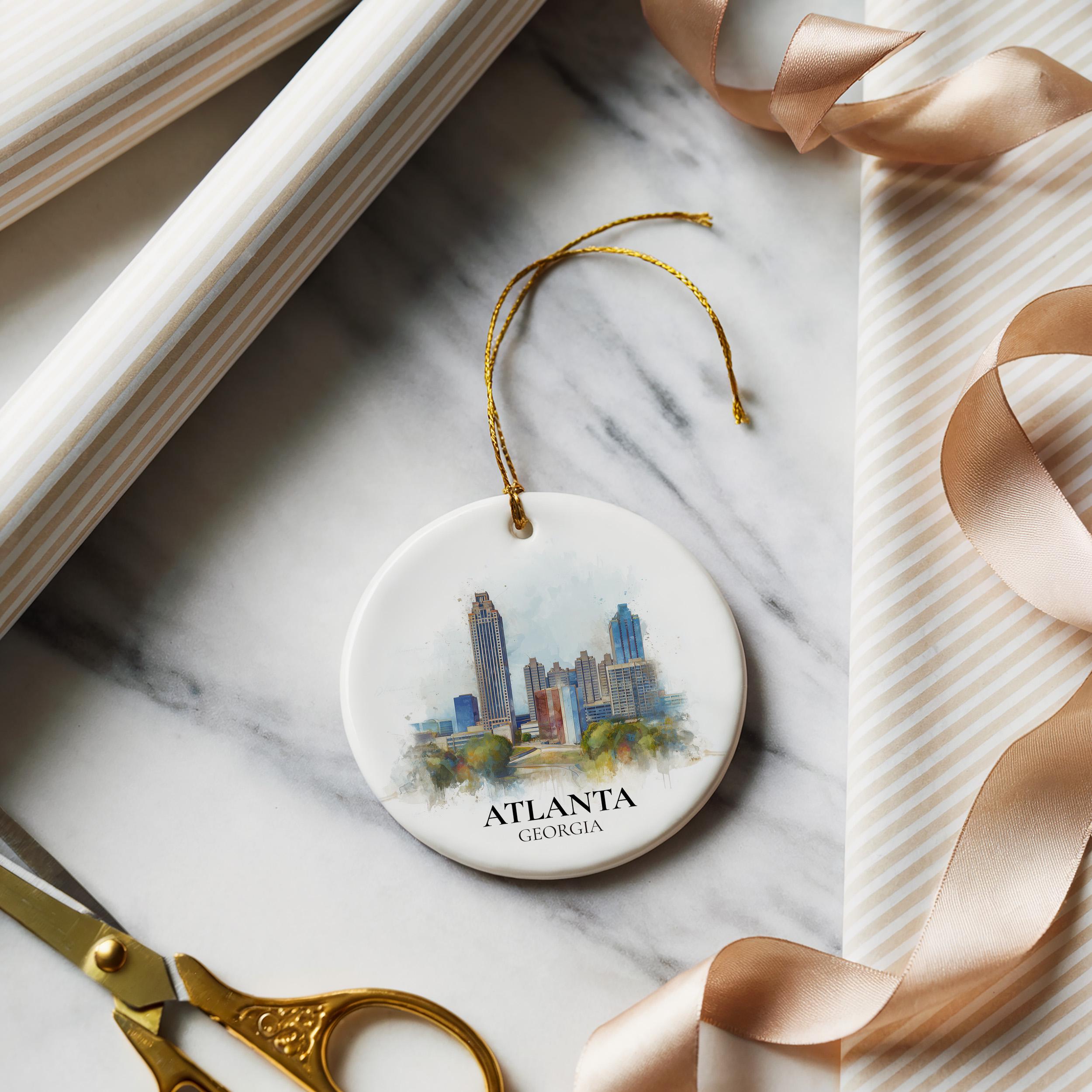 Atlanta Georgia Personalized Watercolor Ornament, Custom Ceramic Christmas gift, Travel Keepsake