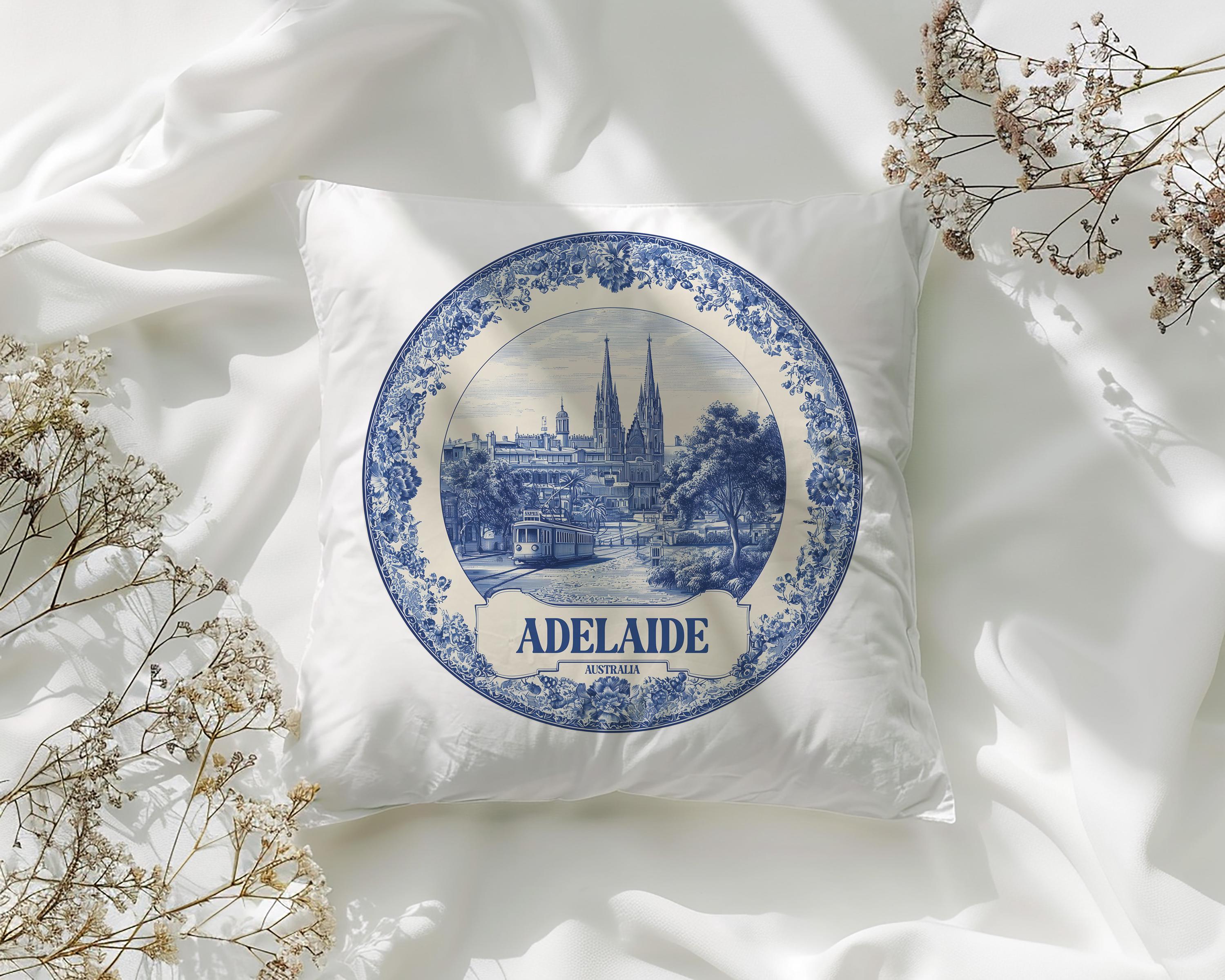 Adelaide Australia Pillowcase, Delft Style Decorative Throw Pillow, Vintage Cityscape Retro Home Decor