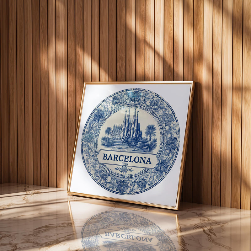 Barcelona Spain Wall Art, Vintage Delft Blue Poster, City Print, Travel Home Decor