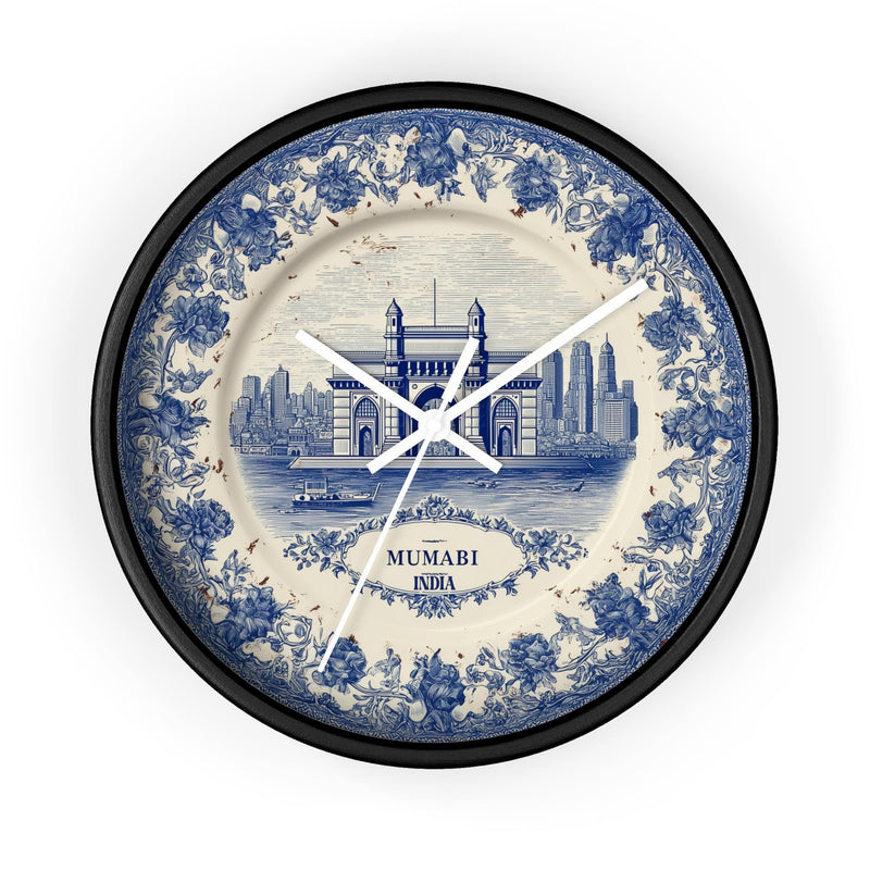 Mumbai India Wall Clock, Delft style Home Decor, Vintage City Travel Keepsake Art