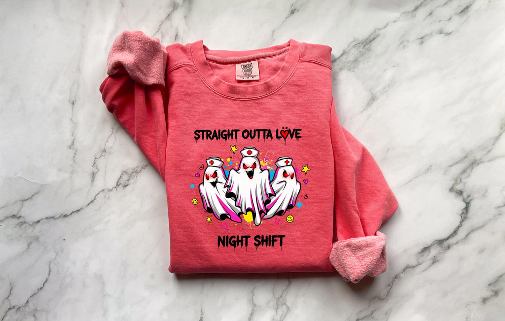 Night Shift Halloween Nurse Sweatshirt, Straight oughta love Spooky RN Fall Top Cozy Autumn Pullover, Cute Retro Gift for Nurse