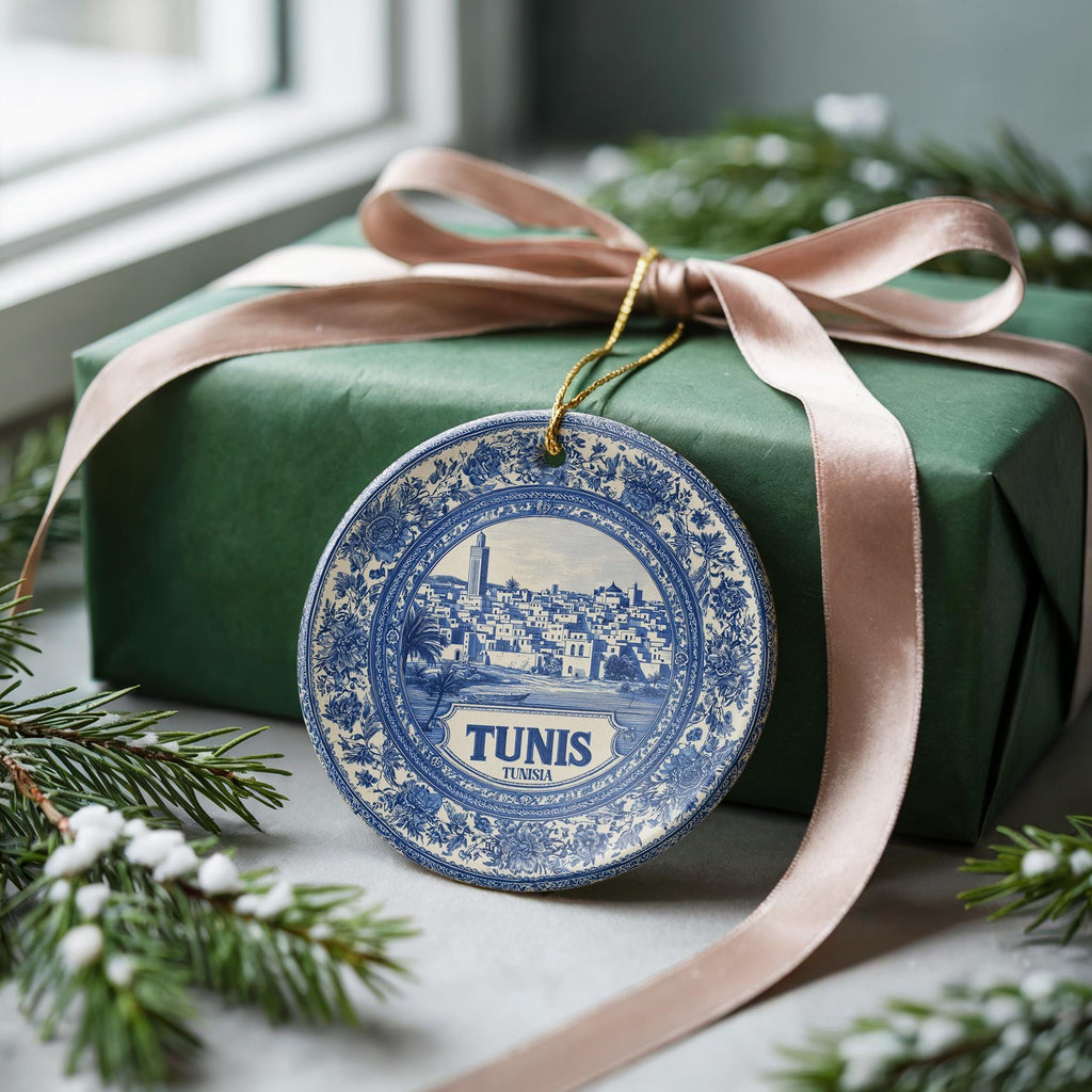 Custom Tunis Tunisia Ceramic Delft Ornament, Christmas Delftware Blue Delftware city travel