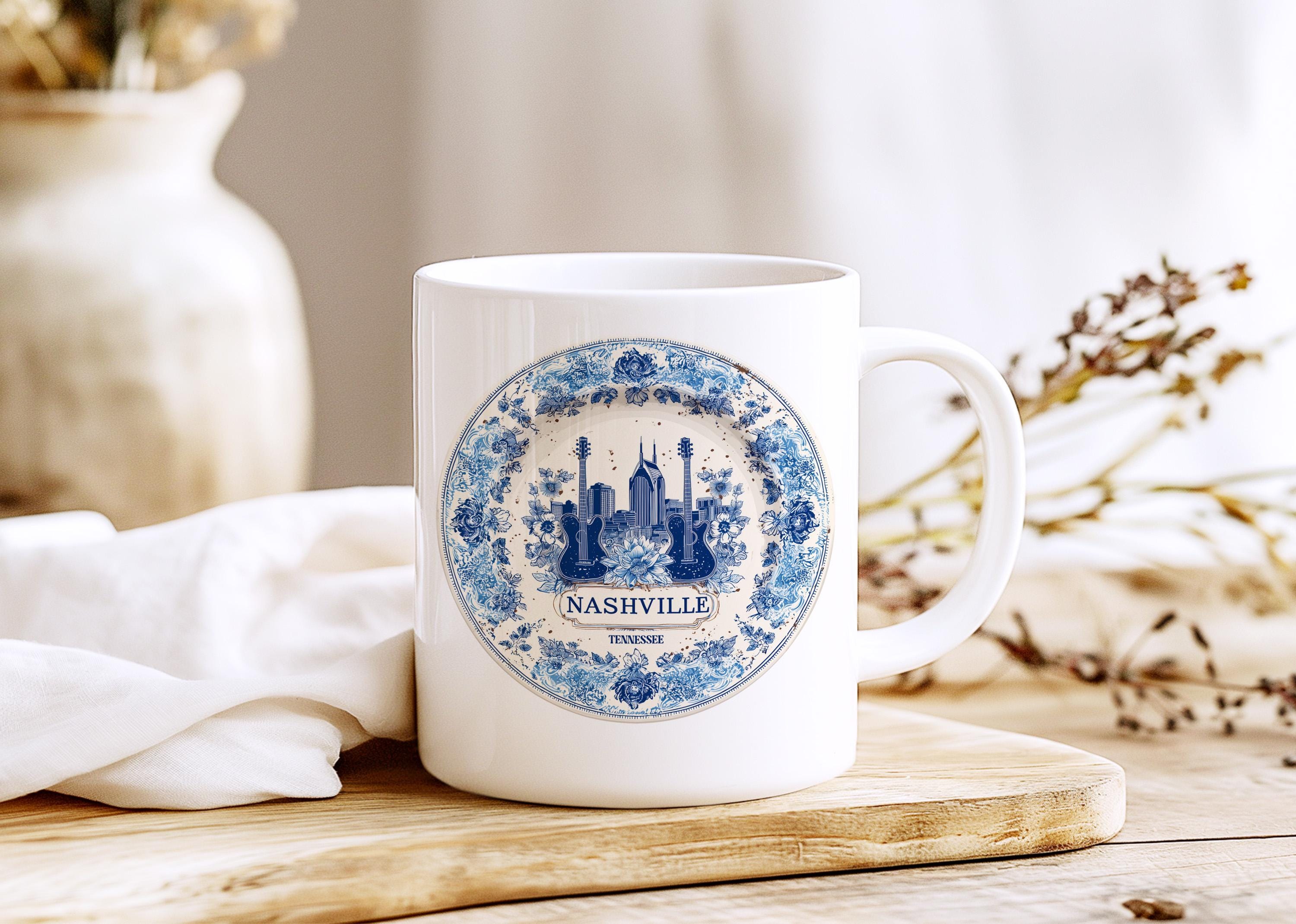 Nashville Tennessee Mug, Custom Delft Style cup, Personalized Vintage Travel City Gift