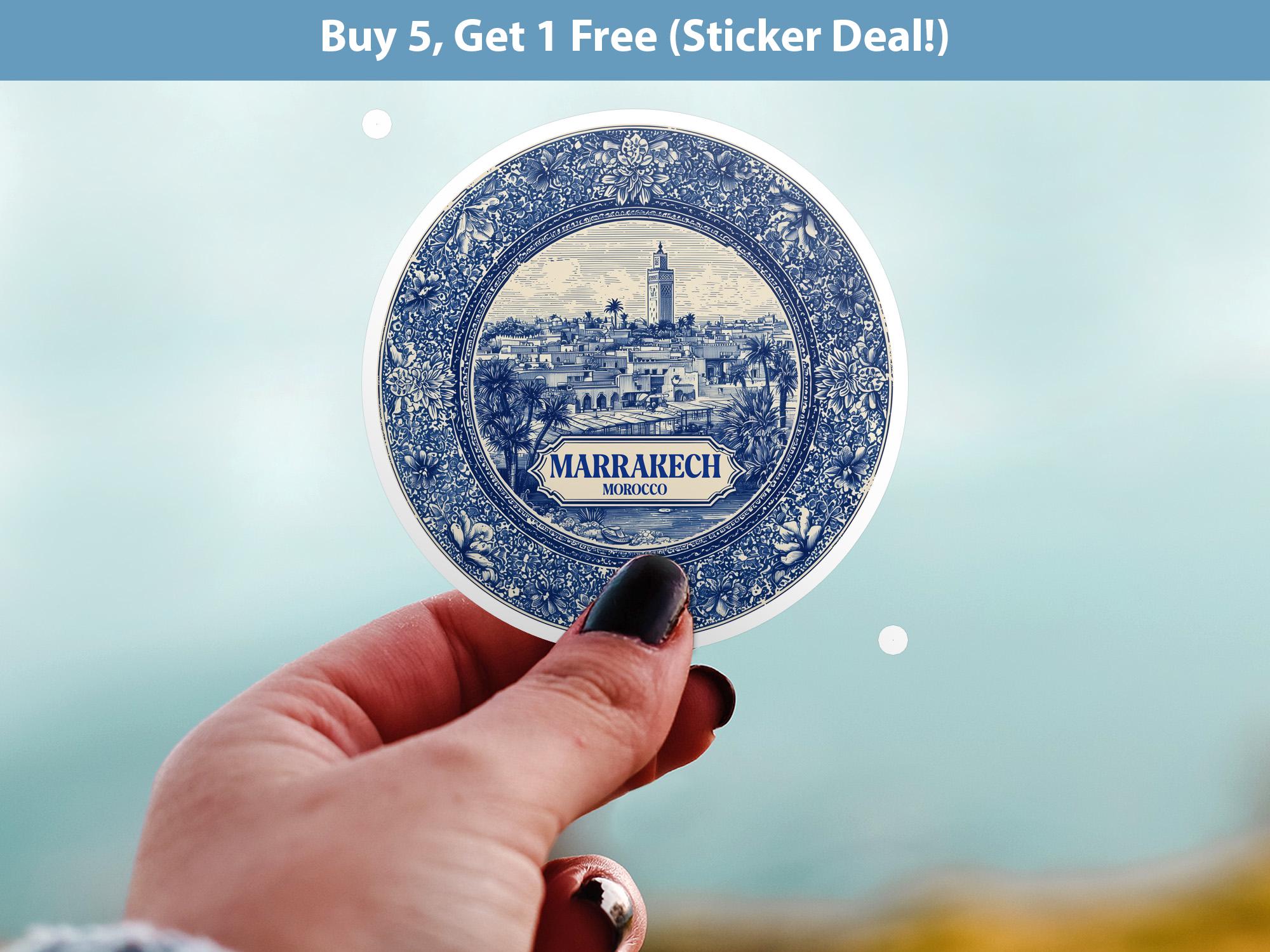 Marrakech Morocco Sticker Vintage Delft style, Delftware Decal Waterproof Vinyl, Blue City Travel