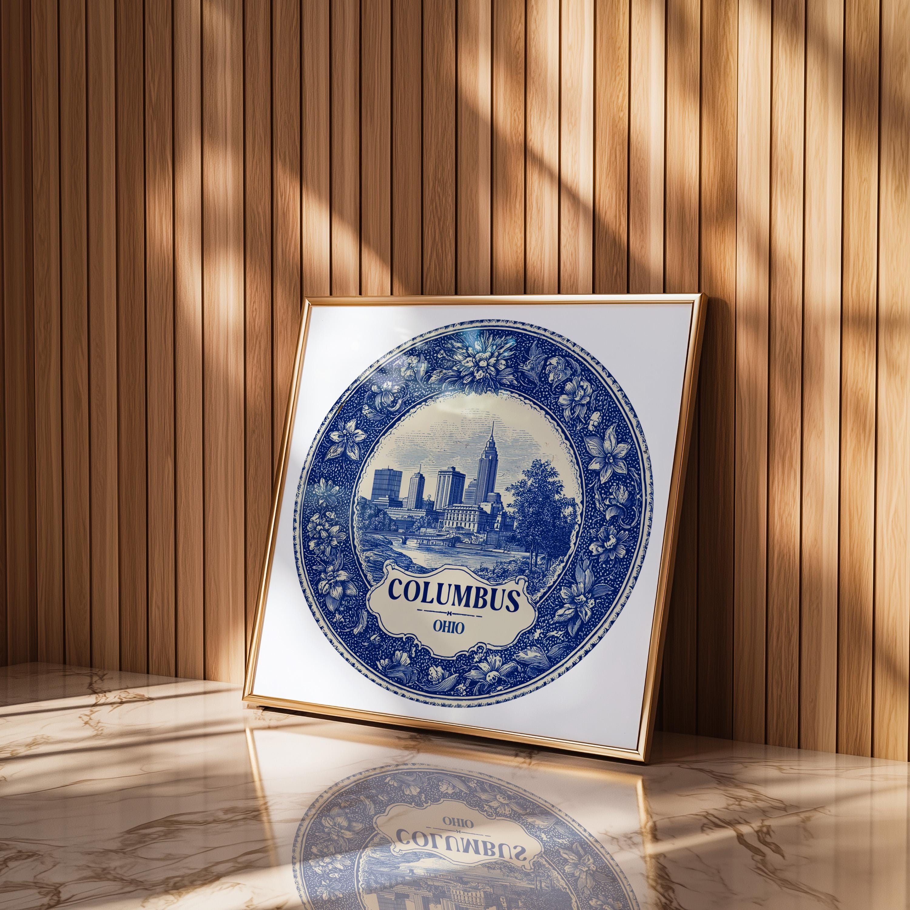 Columbus Ohio Wall Art, Vintage Delft Blue Poster, City Print, Travel Home Decor