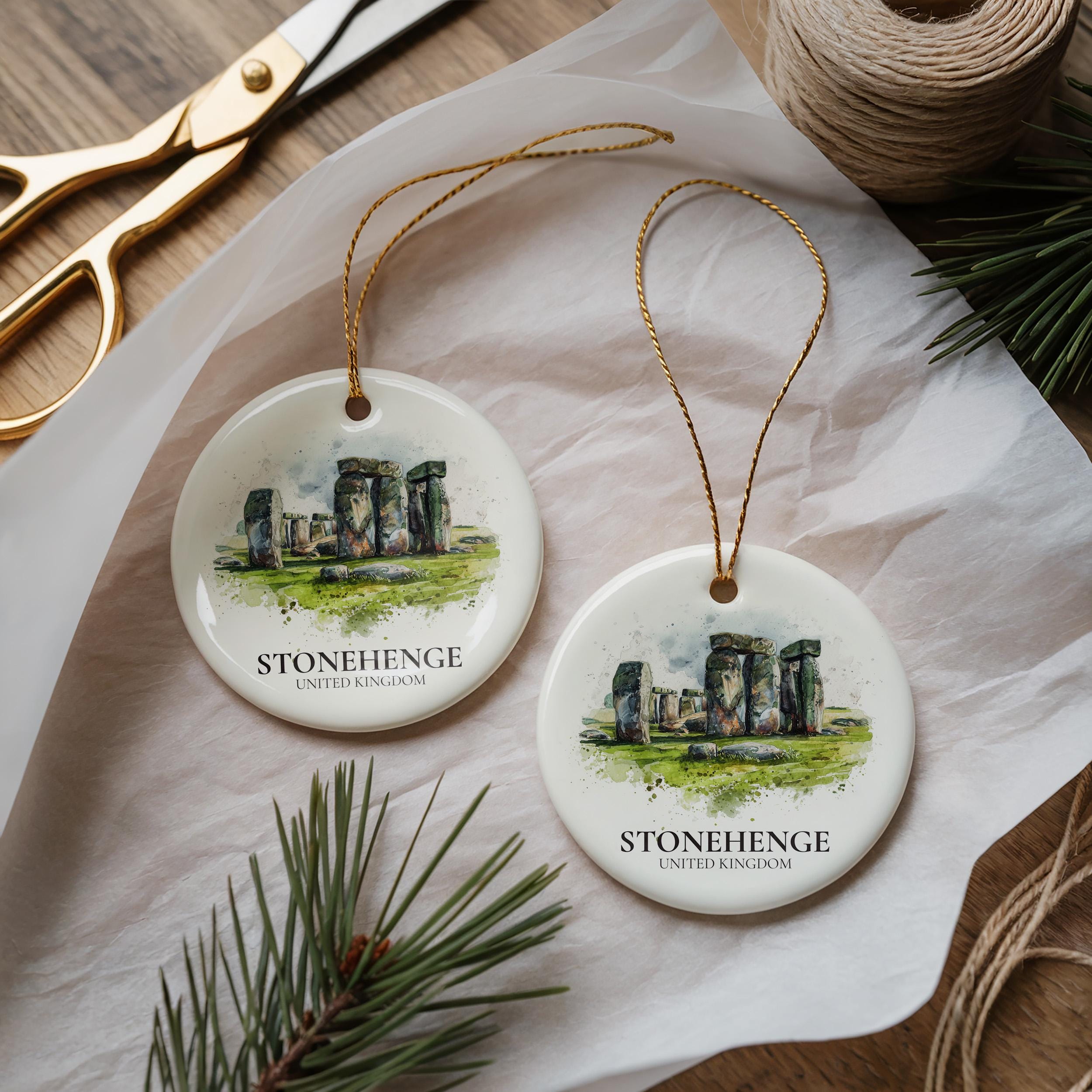 Stonehenge England Personalized Watercolor Ornament, Custom Ceramic Christmas gift, Travel Keepsake