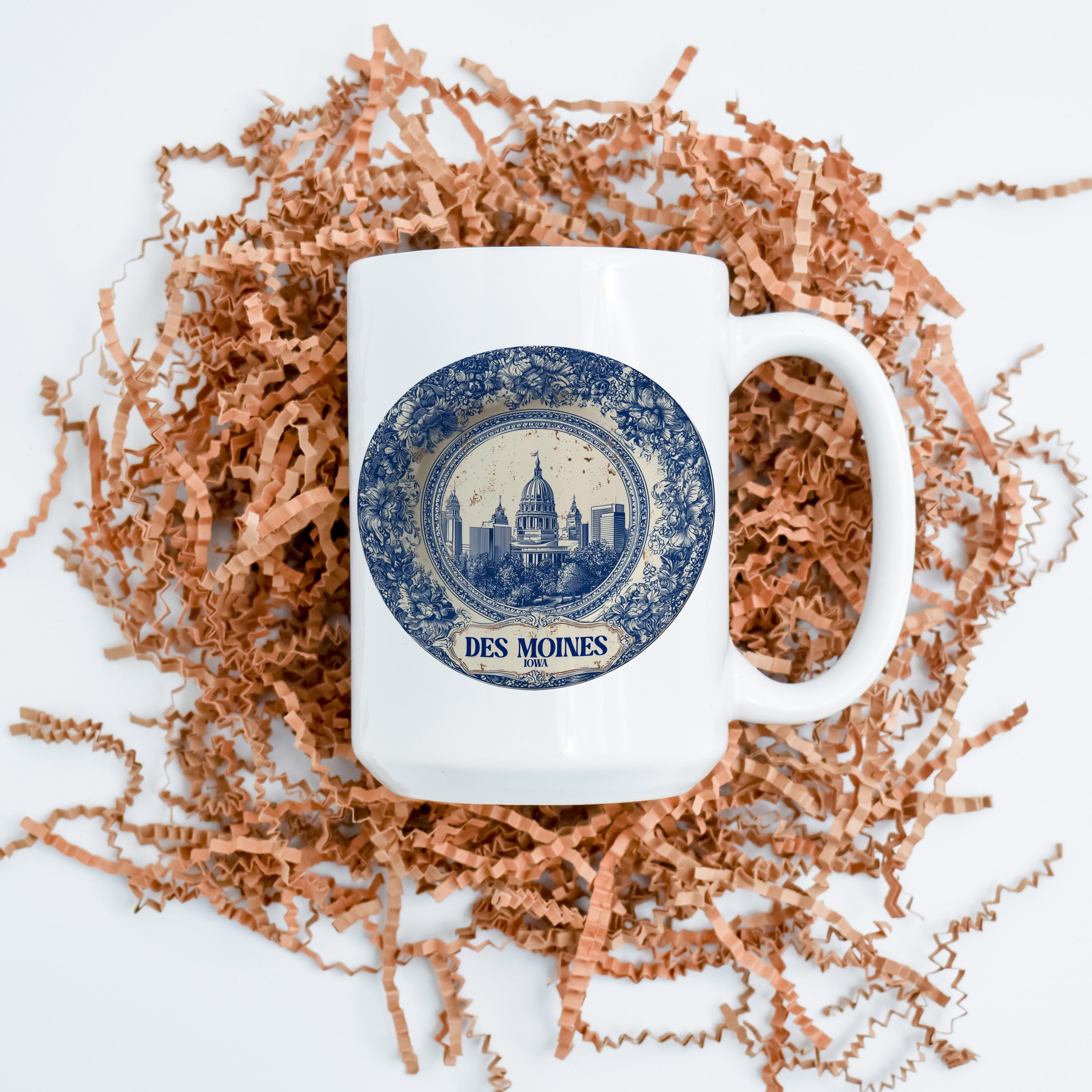 Des Moines Iowa Mug, Custom Delft Style cup, Personalized Vintage Travel City Gift