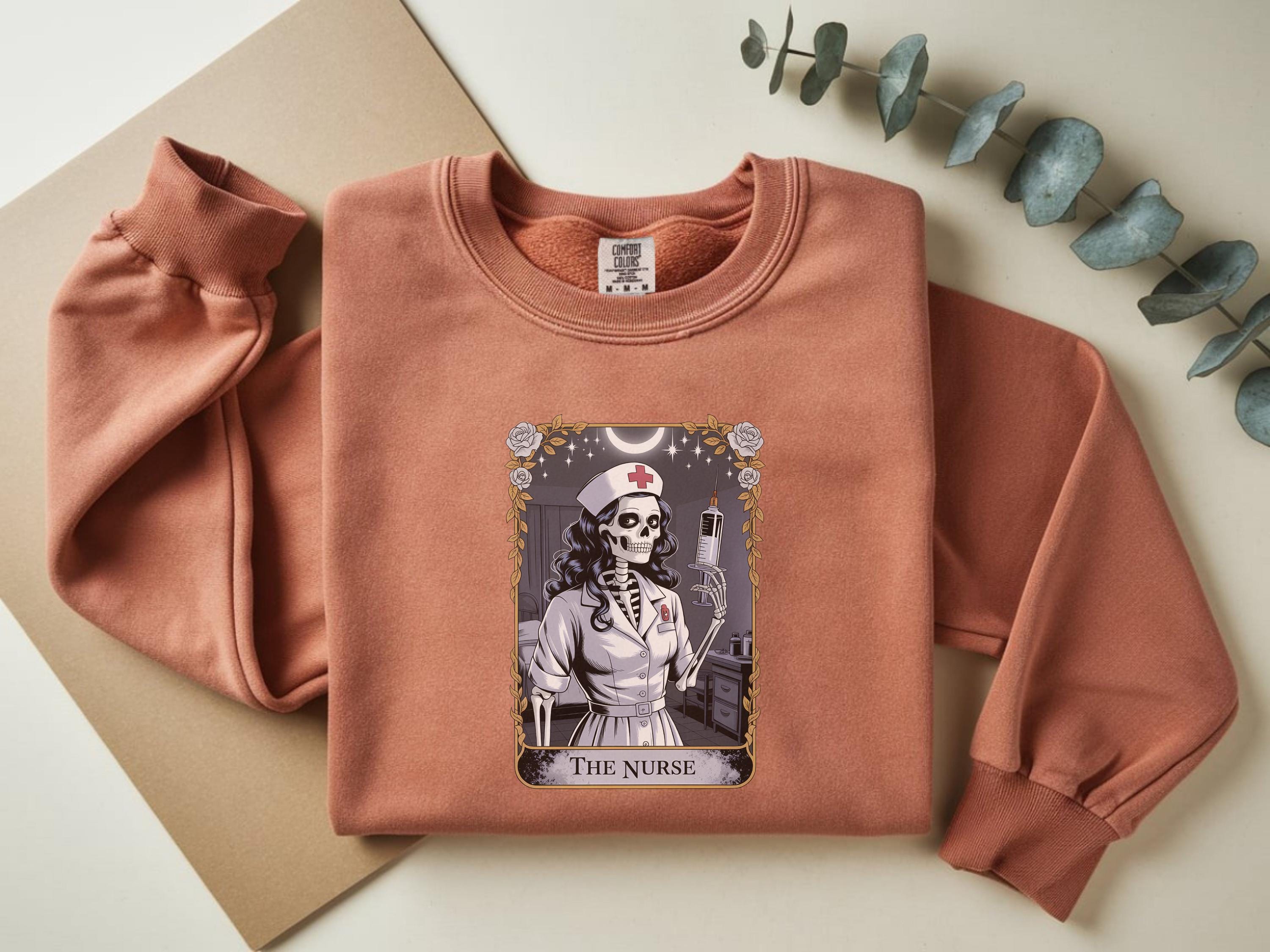 Halloween Nurse Skeleton Sweatshirt, Gothic Tarot Card Medical Pullover, Creepy RN Skull Top, Witchy Fall Aesthetic Shirt, Gift for Nurse