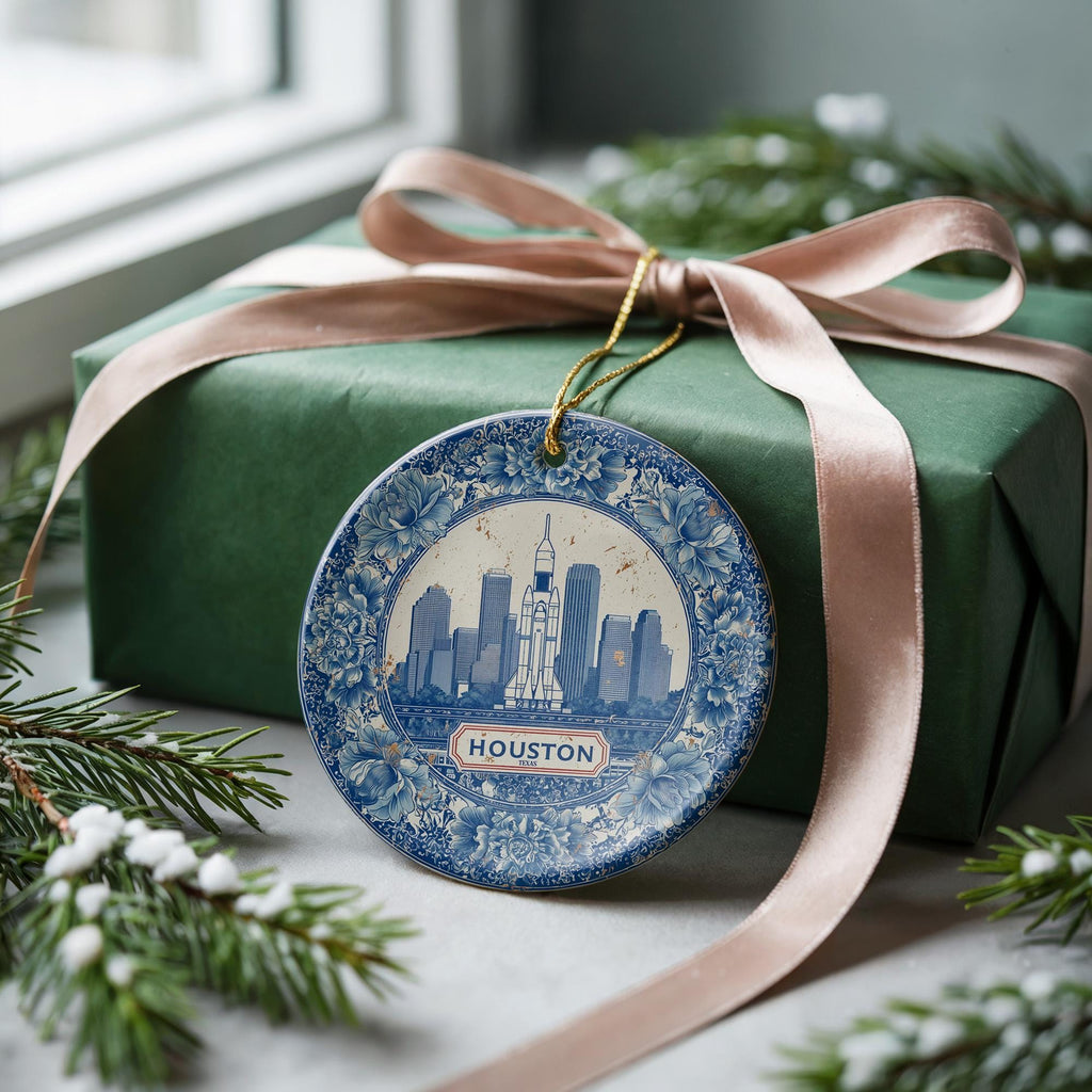 Custom Houston Texas Ceramic Delft Ornament, Christmas Delftware Blue Delftware city travel
