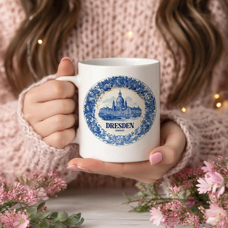 Dresden Germany Mug, Custom Delft Style cup, Personalized Vintage Travel City Gift