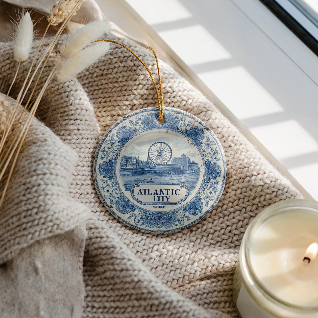 Custom Atlantic City New Jersey Ceramic Delft Ornament, Christmas Delftware Blue Delftware city travel
