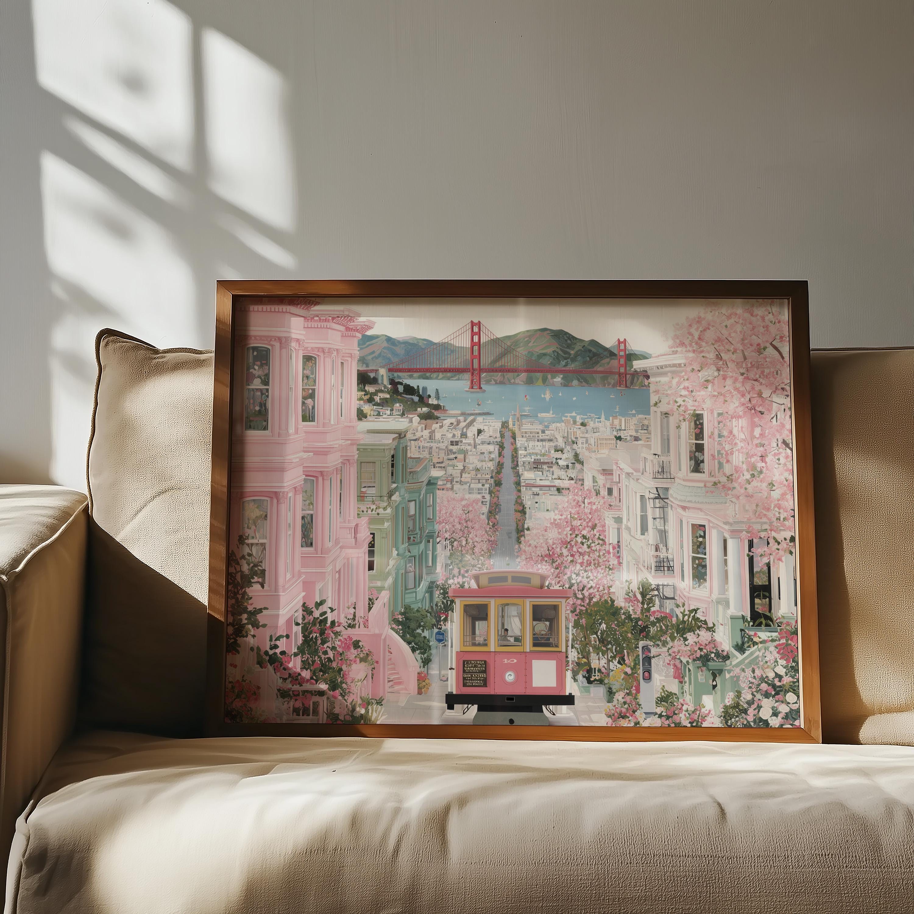 San Francisco Spring Wall Art, Cherry Blossom Floral Travel Gift Decor Large Print Painting