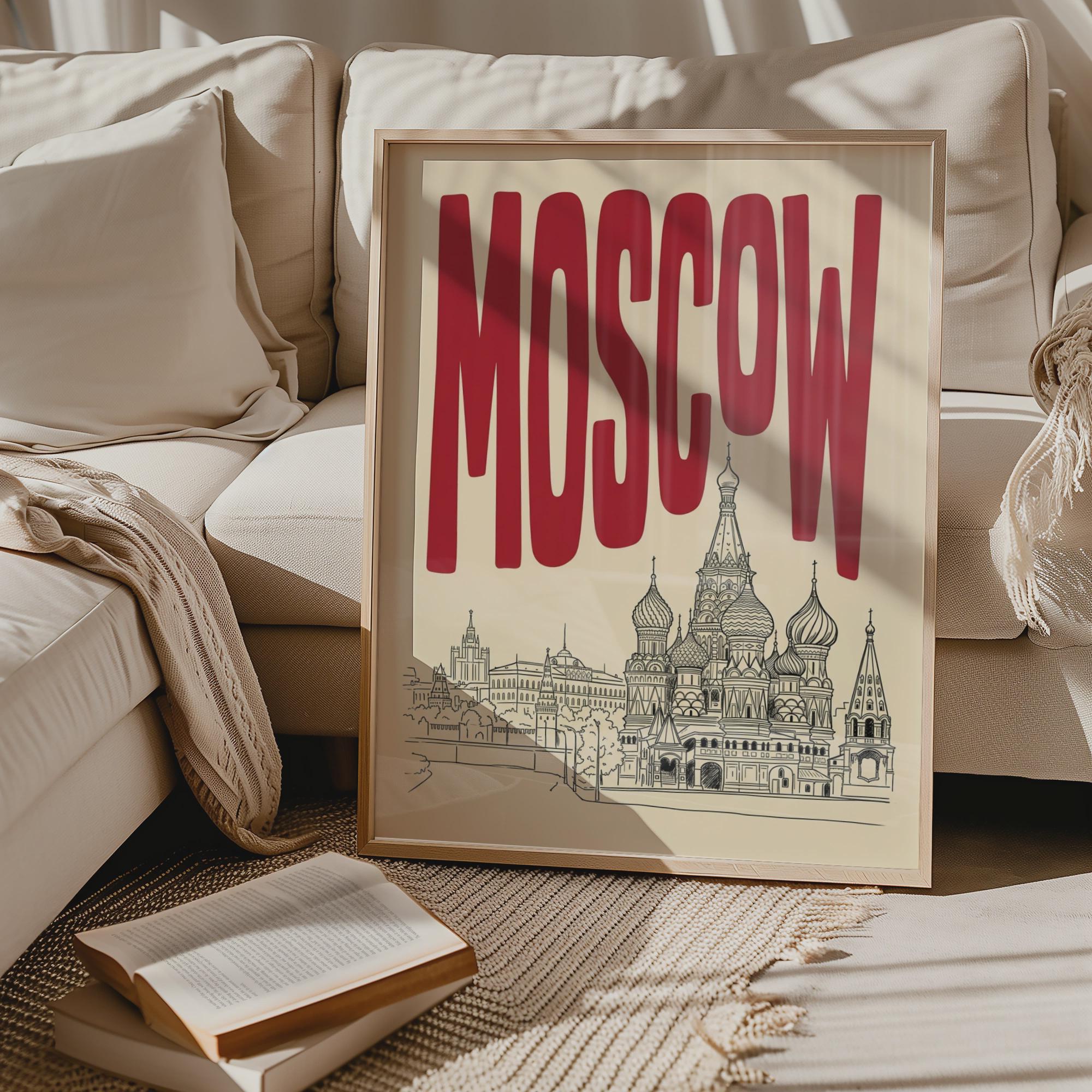 Moscow Skyline Wall Art, Framed Canvas Print, Retro Travel Poster Decor