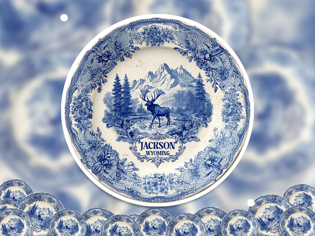 Jackson Wyoming Sticker Vintage Delft style, Delftware Decal Waterproof Vinyl, Blue City Travel