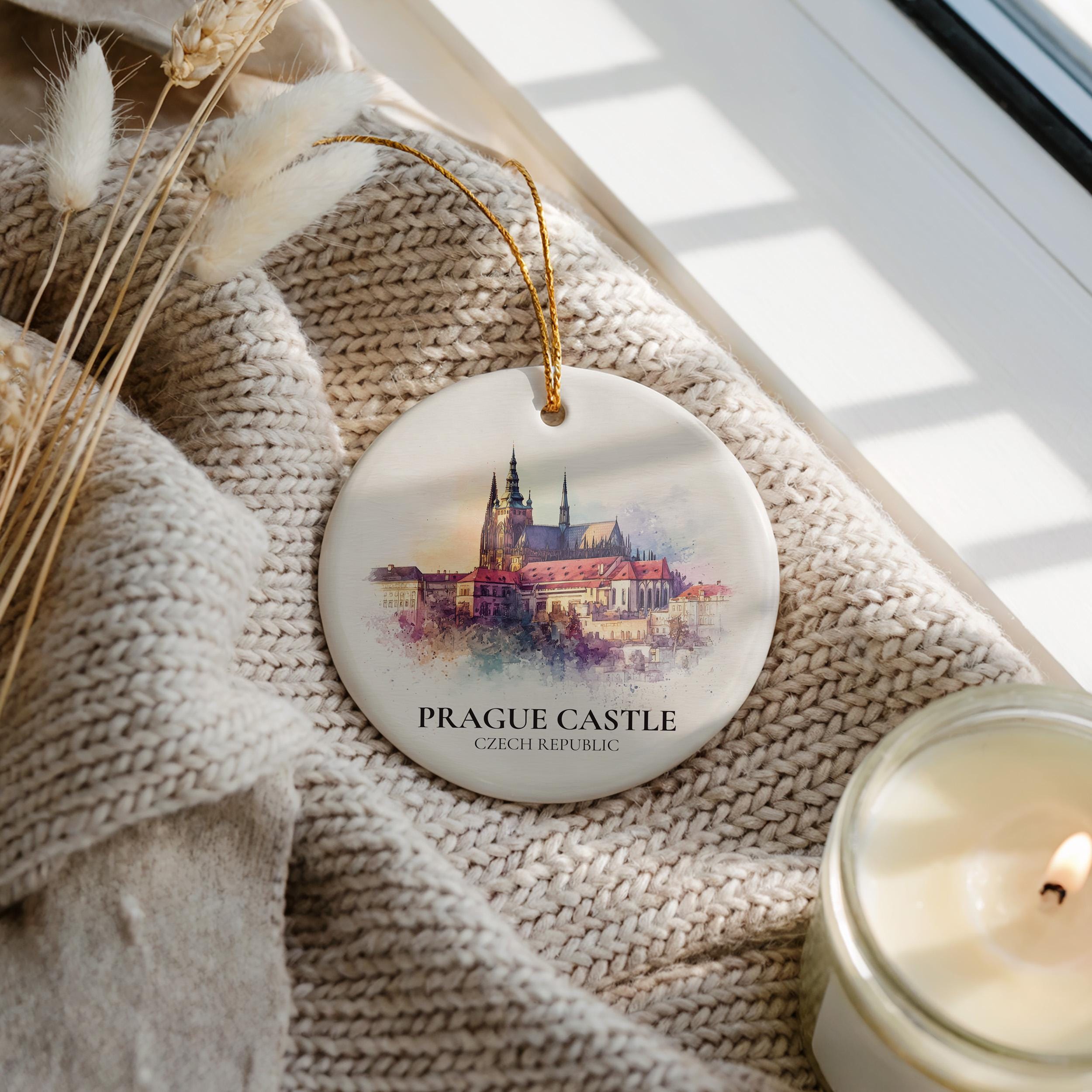 Prague Castle Czech Republic Personalized Watercolor Ornament, Custom Ceramic Christmas gift, Travel Keepsake