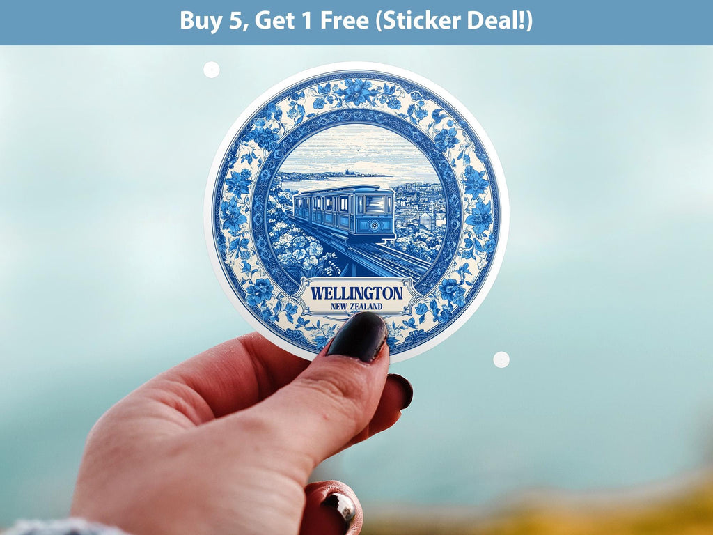 Wellington New Zealand Sticker Vintage Delft style, Delftware Decal Waterproof Vinyl, Blue City Travel