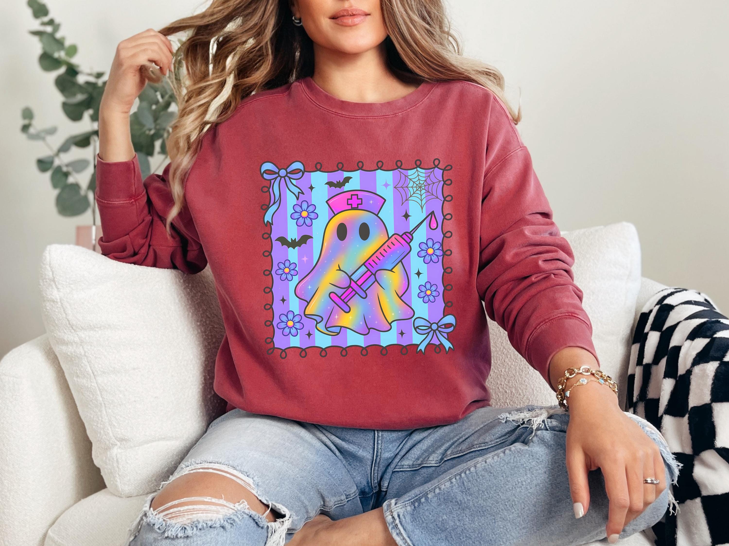 Cute Ghost Nurse Halloween Sweatshirt, Spooky RN Fall Top Cozy Autumn Pullover, Cute Retro Gift for Nurse