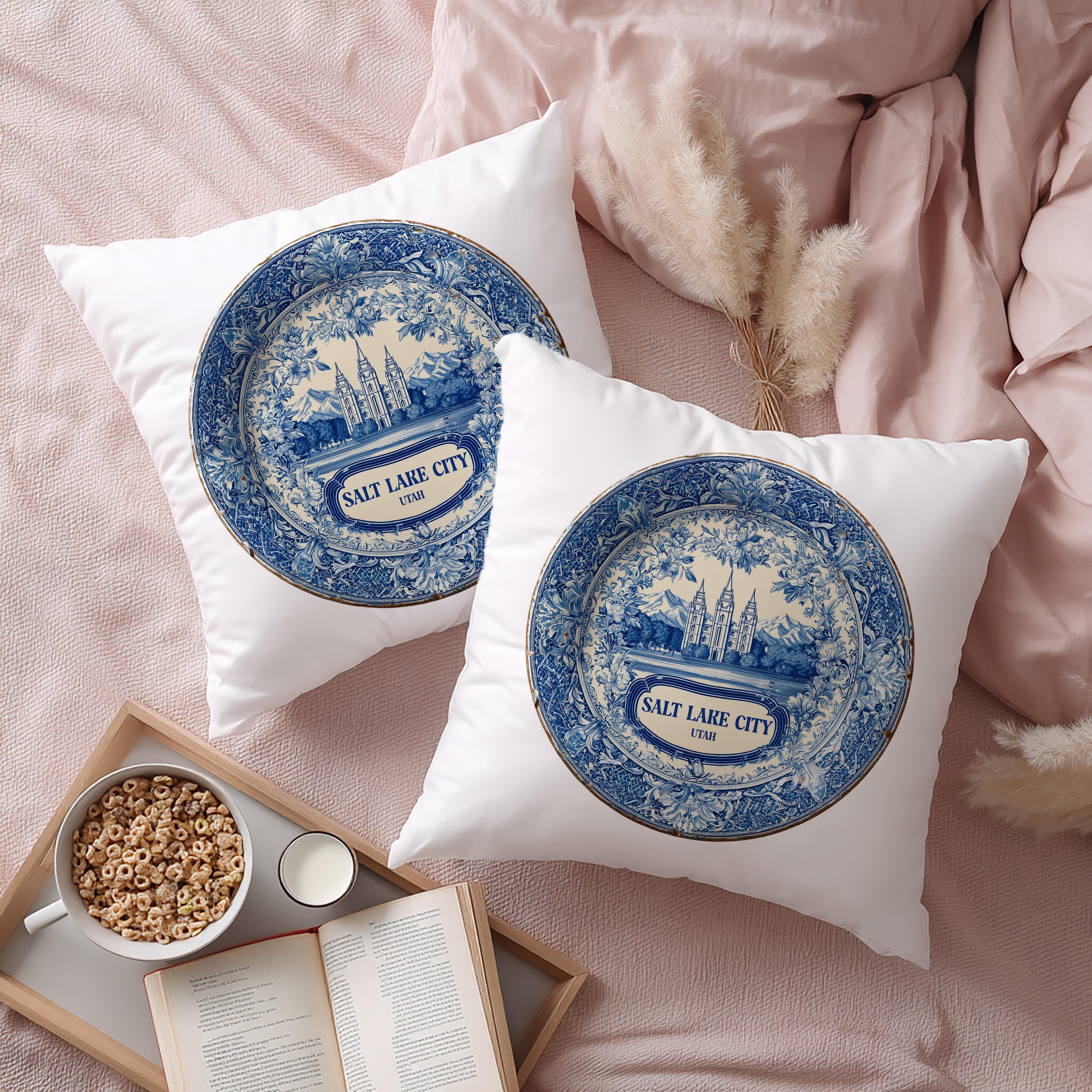 Salt Lake City Utah Pillowcase, Delft Style Decorative Throw Pillow, Vintage Cityscape Retro Home Decor