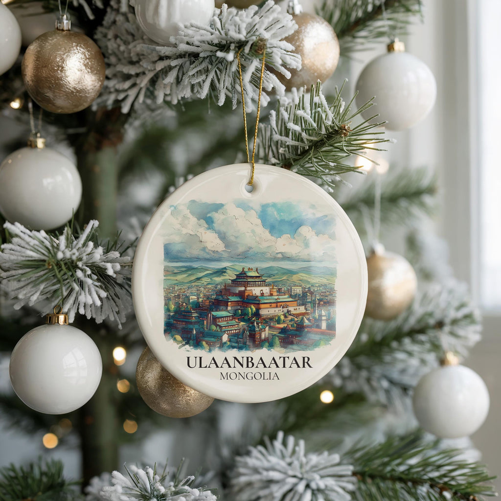 Ulaanbaatar Mongolia Personalized Watercolor Ornament, Custom Ceramic Christmas gift, Travel Keepsake