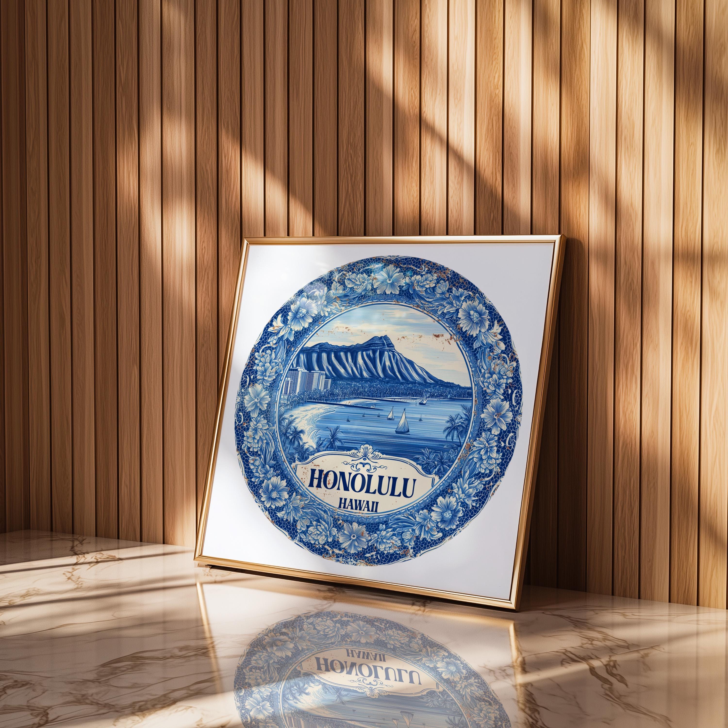 Honolulu Hawaii Wall Art, Vintage Delft Blue Poster, City Print, Travel Home Decor