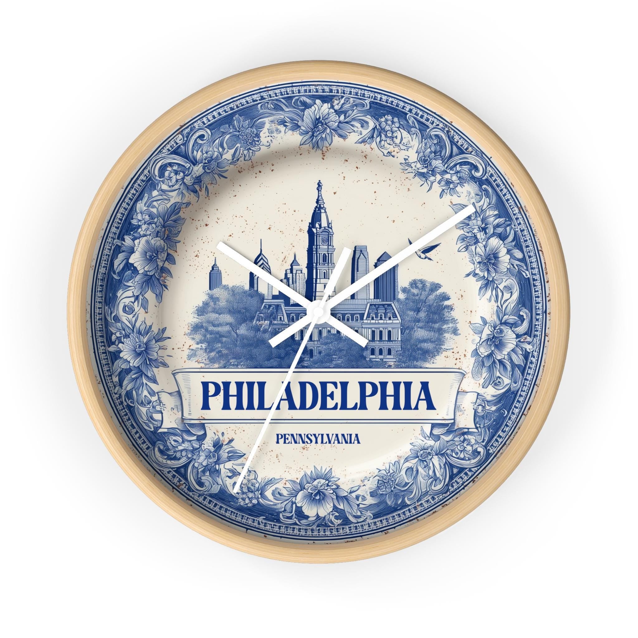 Philadelphia Pennsylvania Wall Clock, Delf style Home Decor, Vintage City Travel Keepsake Art