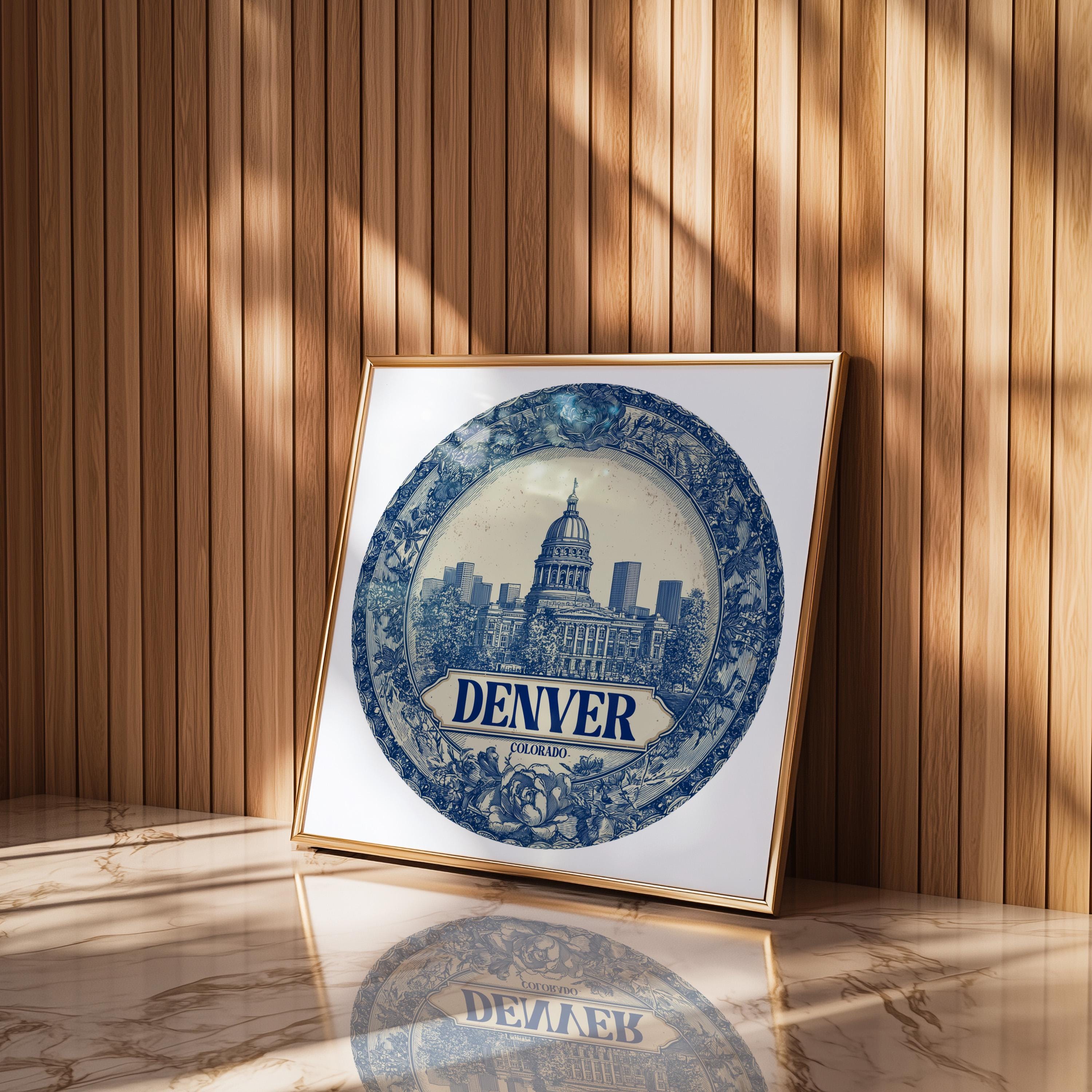 Denver Colorado Wall Art, Vintage Delft Blue Poster, City Print, Travel Home Decor