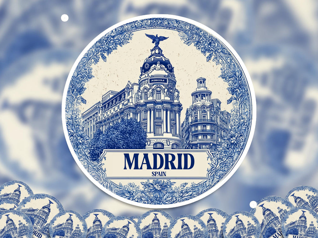 Madrid Spain Sticker Vintage Delft style, Delftware Decal Waterproof Vinyl, Blue City Travel