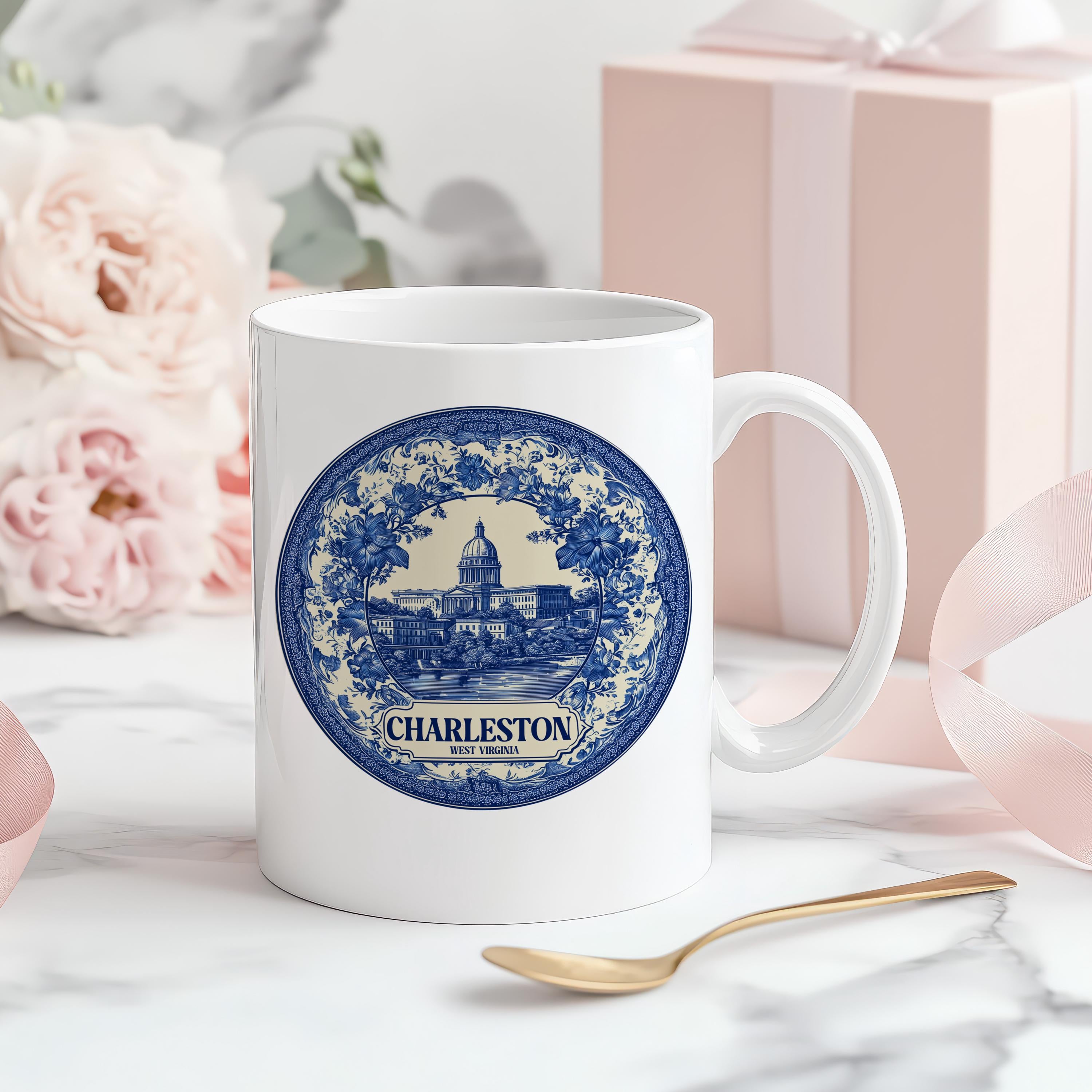 Charleston West Virginia Mug, Custom Delft Style cup, Personalized Vintage Travel City Gift