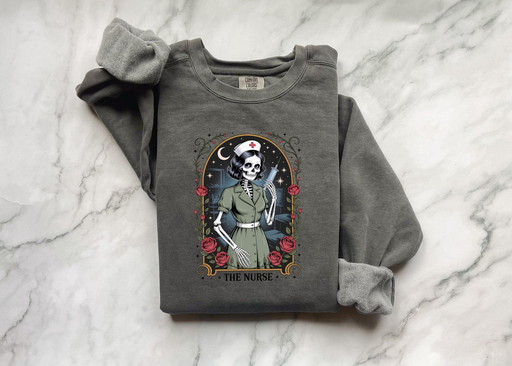 Gothic Nurse Halloween Sweatshirt, Spooky Tarot Card Skeleton RN Pullover, Retro Witchy Medical Apparel, Creepy Fall Top, Gift for Nurse