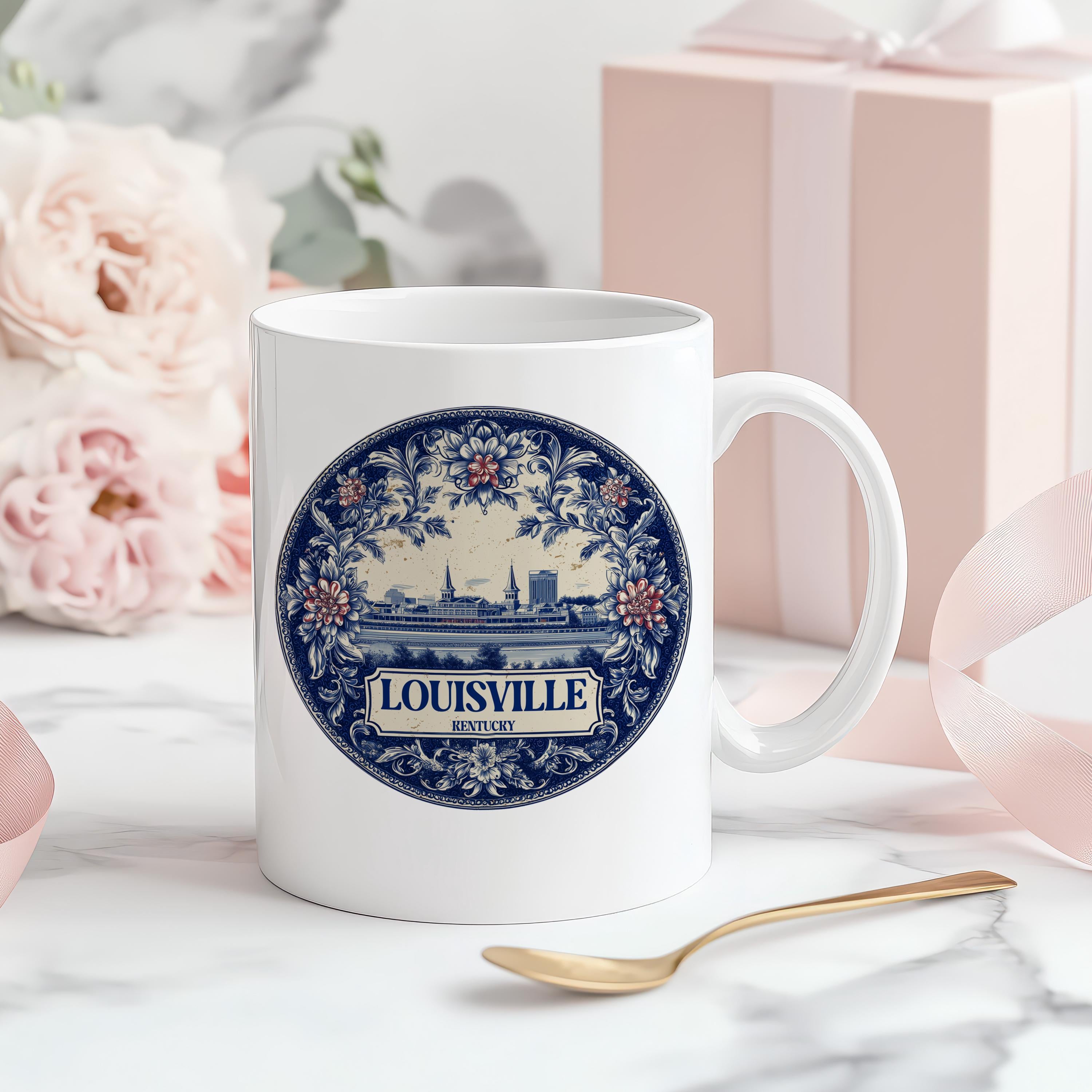 Louisville Kentucky Mug, Custom Delft Style cup, Personalized Vintage Travel City Gift