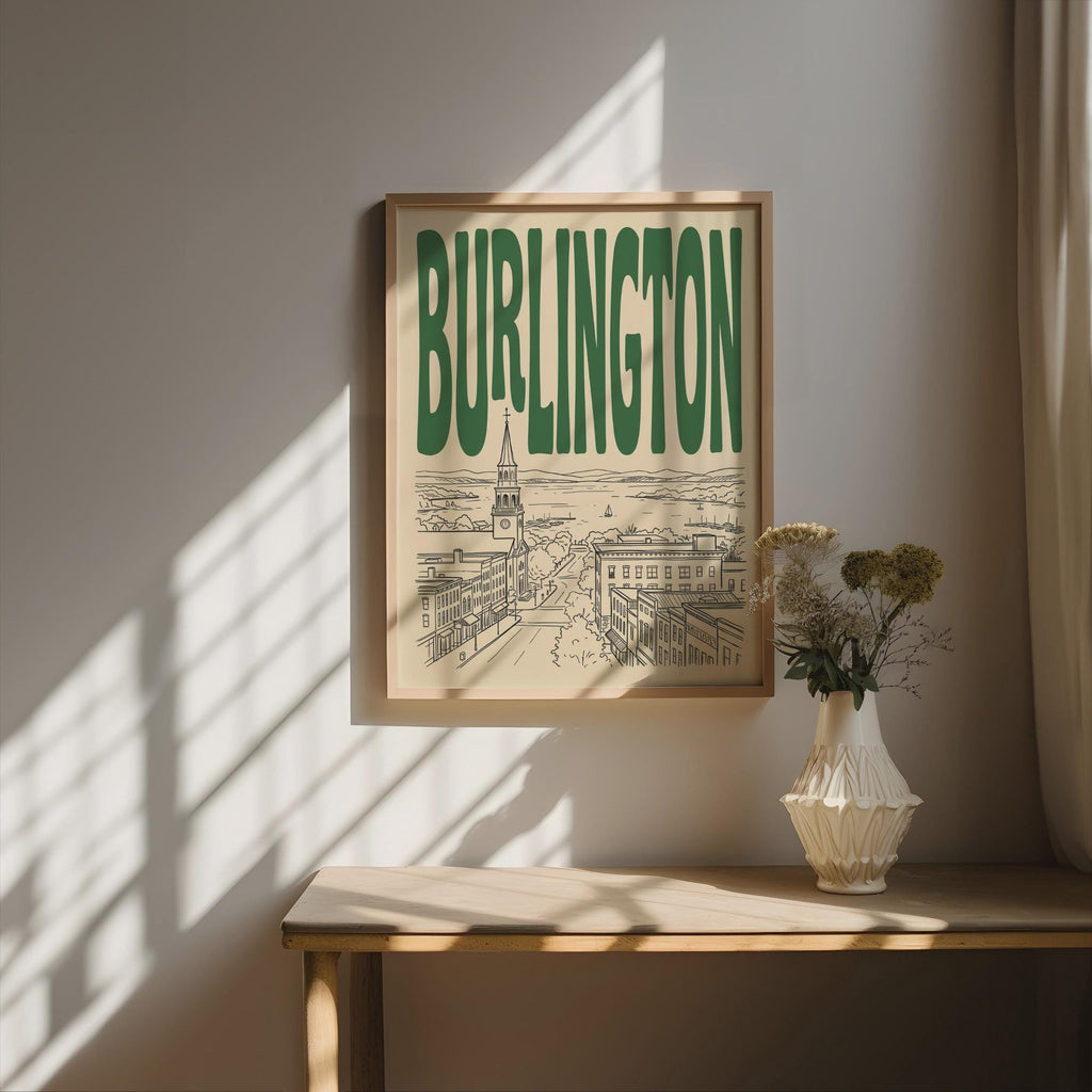 Burlington Vermont Skyline Wall Art, Framed Canvas Print, Retro Travel Decor