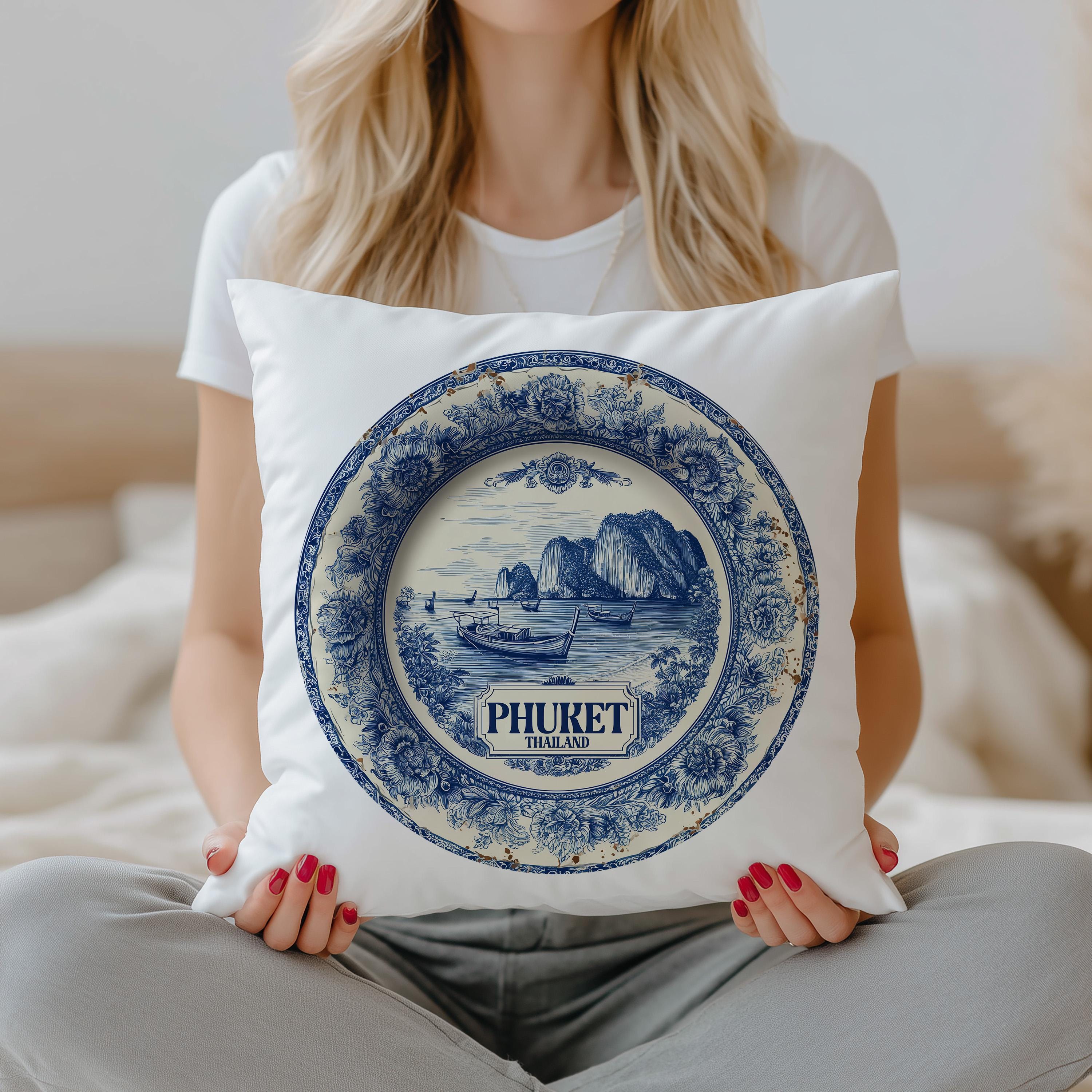Phuket Thailand Pillowcase, Delft Style Decorative Throw Pillow, Vintage Cityscape Retro Home Decor