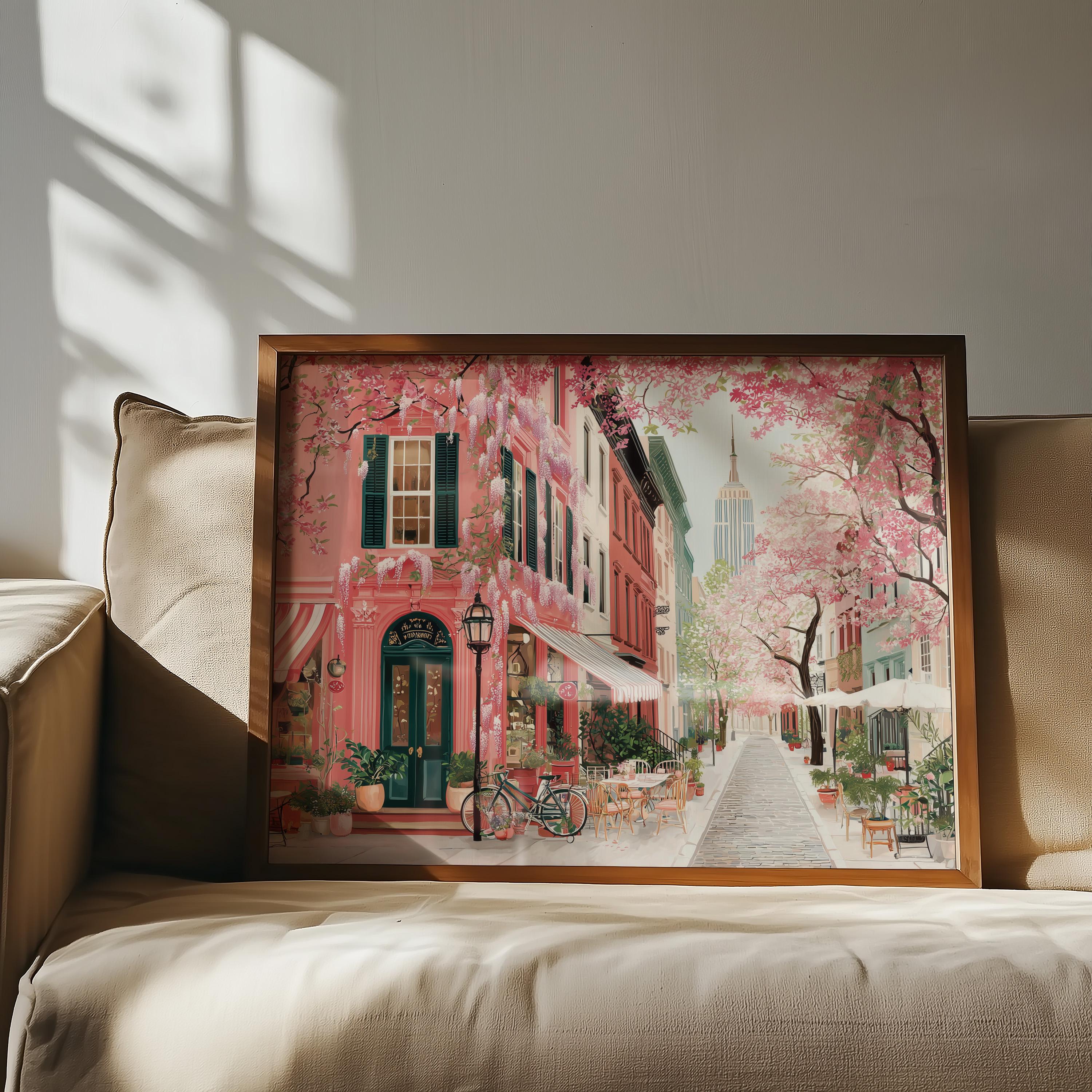 New York Spring Wall Art, Cherry Blossom Floral Empire State Travel Gift Decor Print