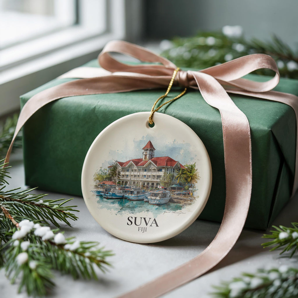 Suva Fiji Personalized Watercolor Ornament, Custom Ceramic Christmas gift, Travel Keepsake