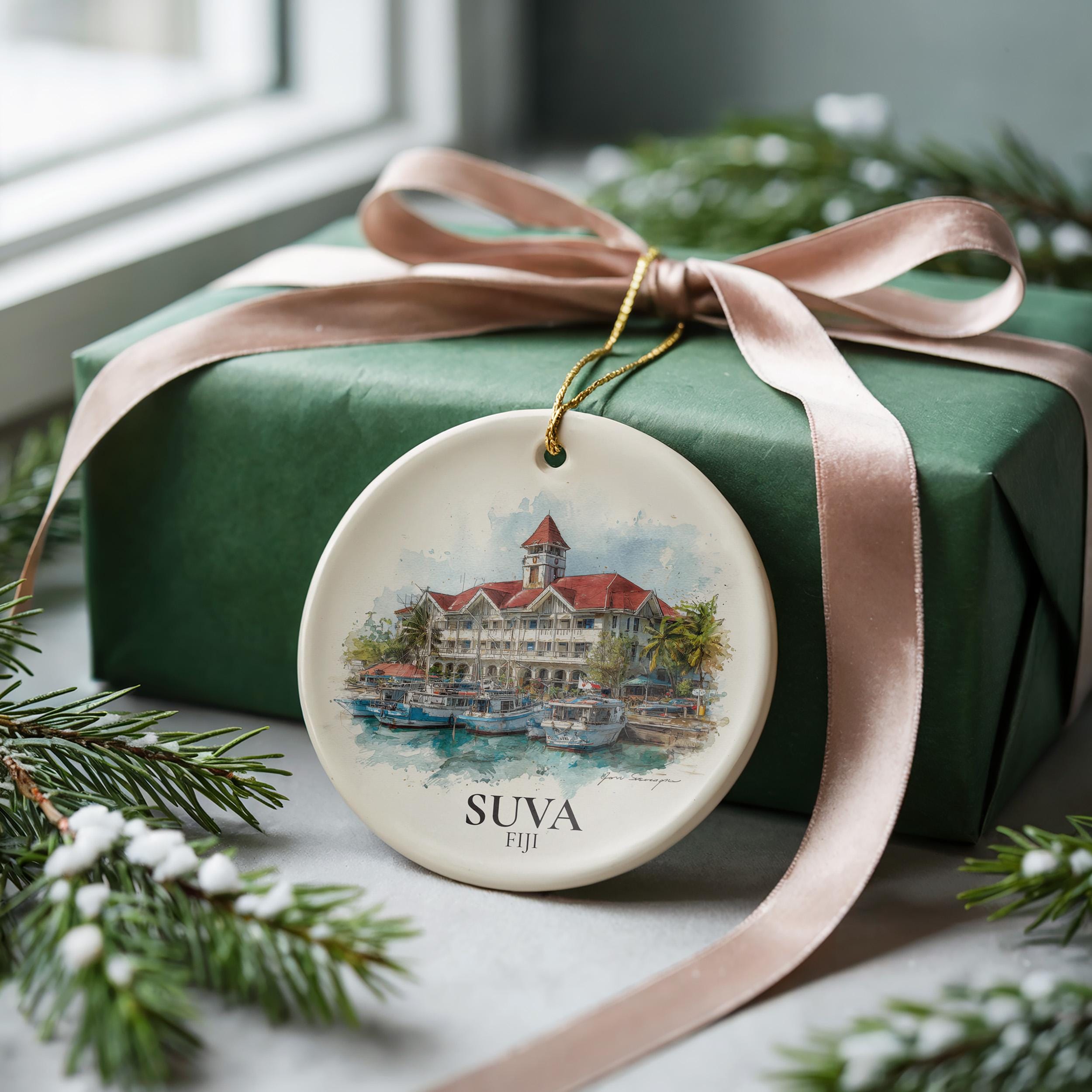 Suva Fiji Personalized Watercolor Ornament, Custom Ceramic Christmas gift, Travel Keepsake