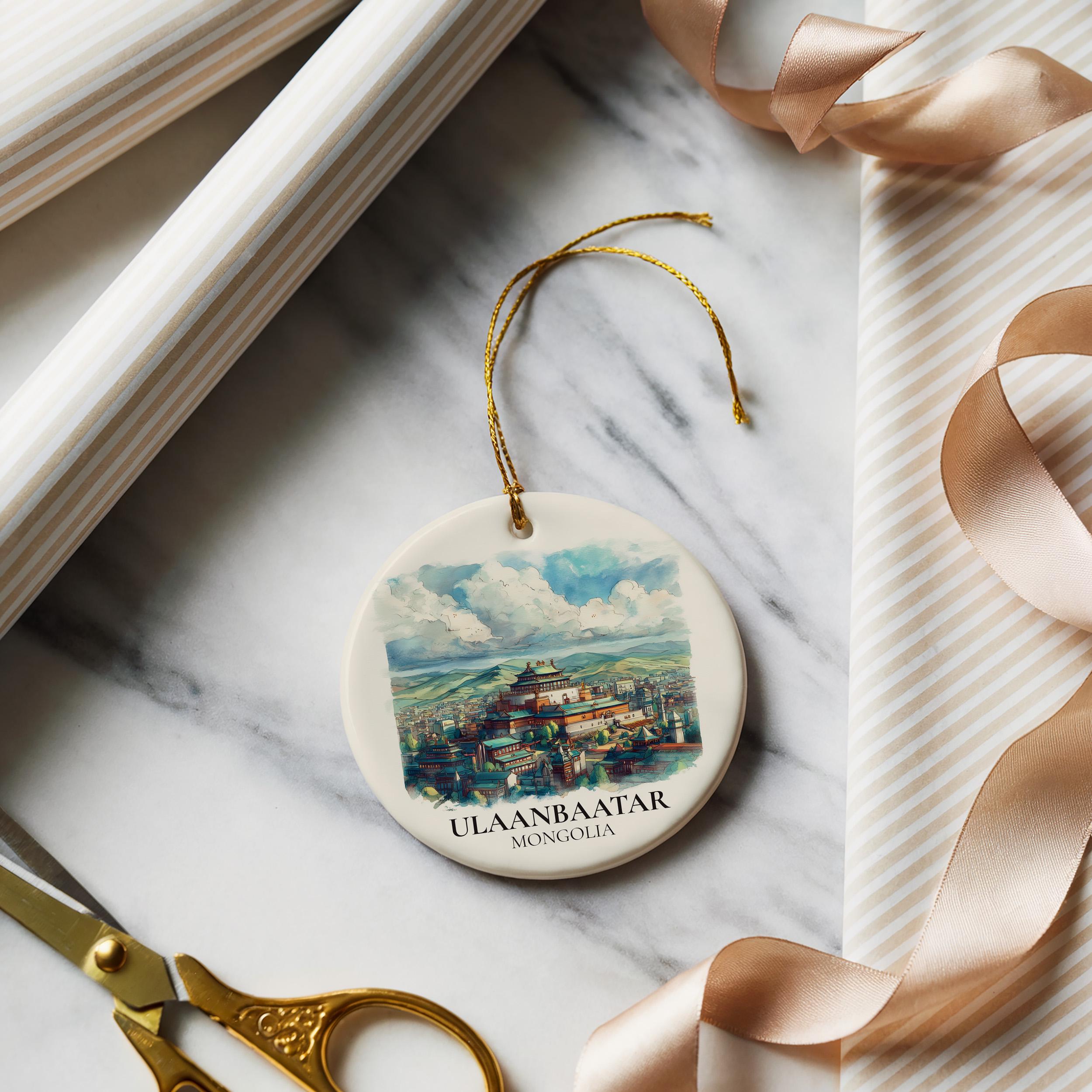 Ulaanbaatar Mongolia Personalized Watercolor Ornament, Custom Ceramic Christmas gift, Travel Keepsake