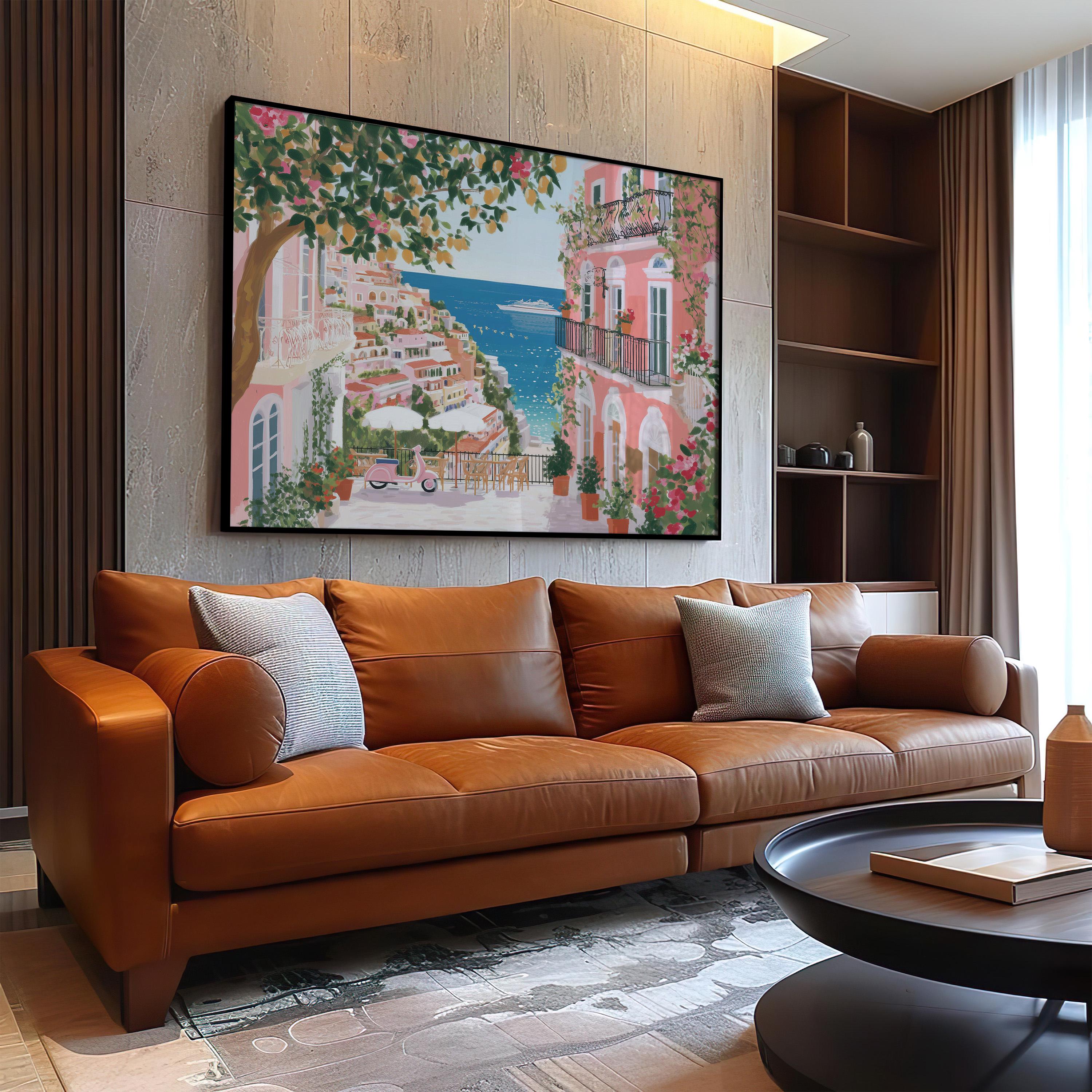 Amalfi Coast Spring Wall Art, Cherry Blossom Floral Italy Travel Gift Decor Large Print