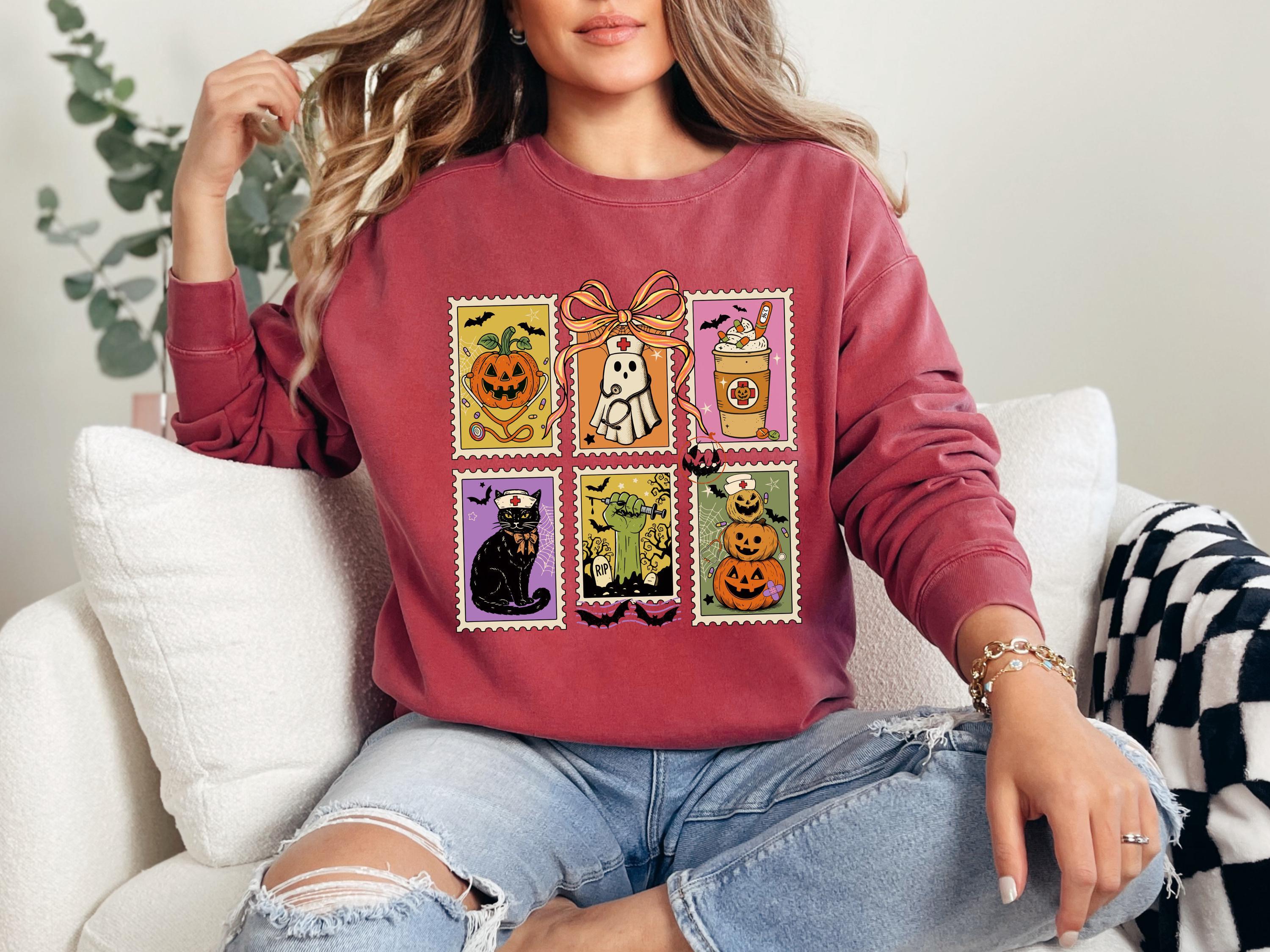 Halloween Tarot Card Sweatshirt, Witchy Nurse Fall Pullover with Pumpkin Cat Skeleton Prints, Spooky Vintage Top, Cozy Retro Gift