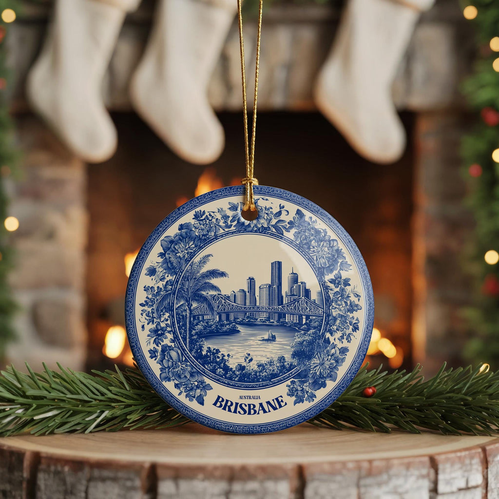 Custom Brisbane Australia Ceramic Delft Ornament, Christmas Delftware Blue Delftware city travel