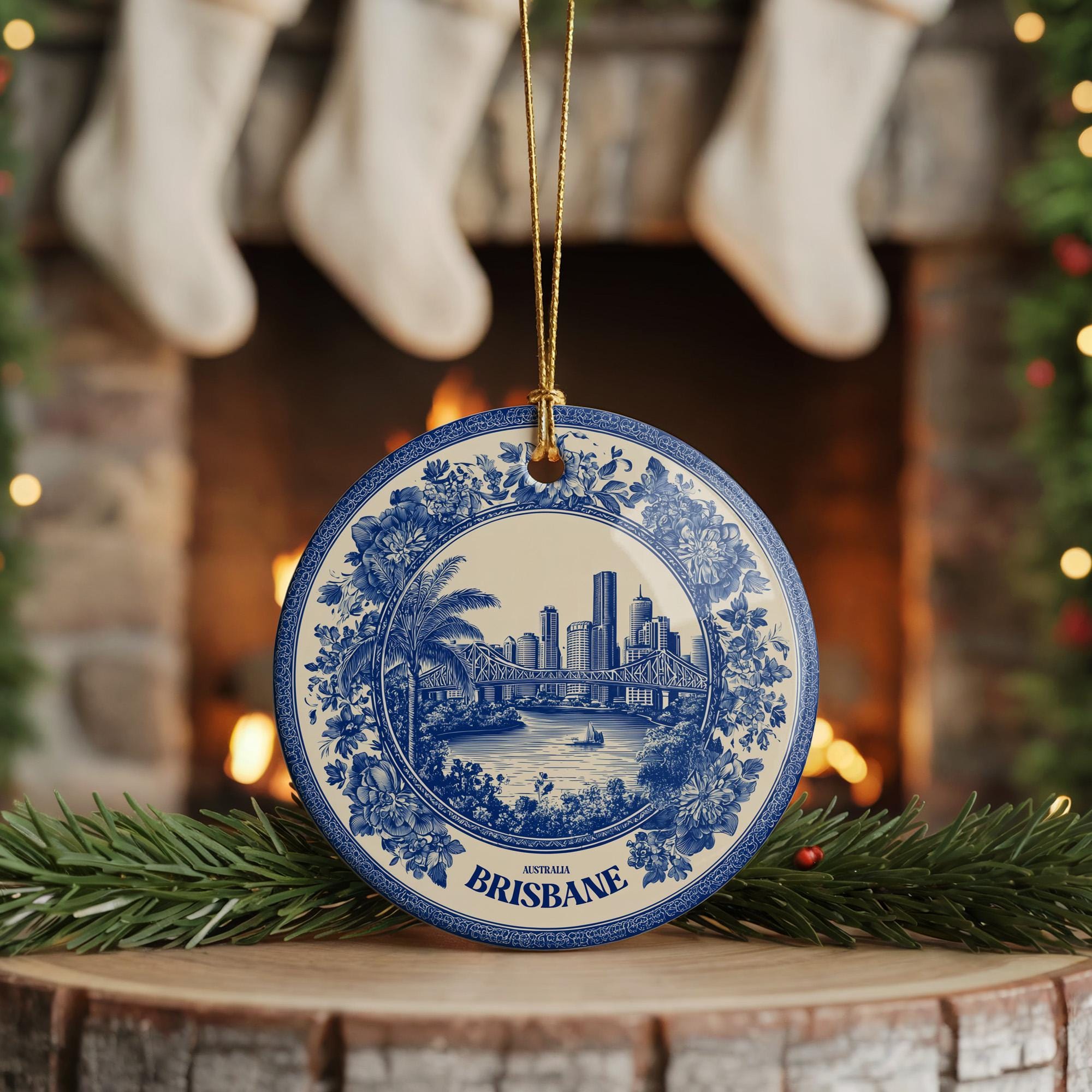 Custom Brisbane Australia Ceramic Delft Ornament, Christmas Delftware Blue Delftware city travel