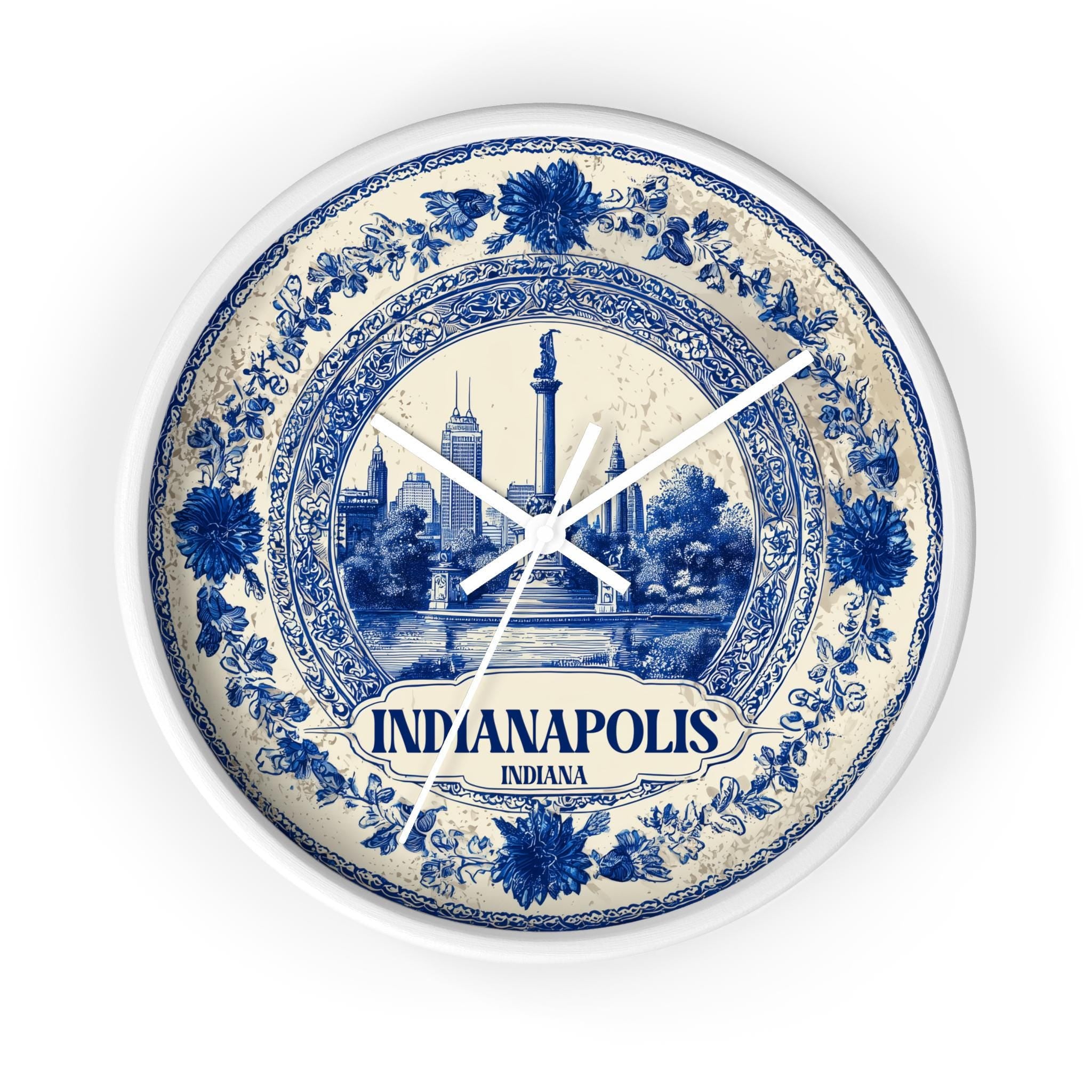 Indianapolis Indiana Wall Clock, Delf style Home Decor, Vintage City Travel Keepsake Art