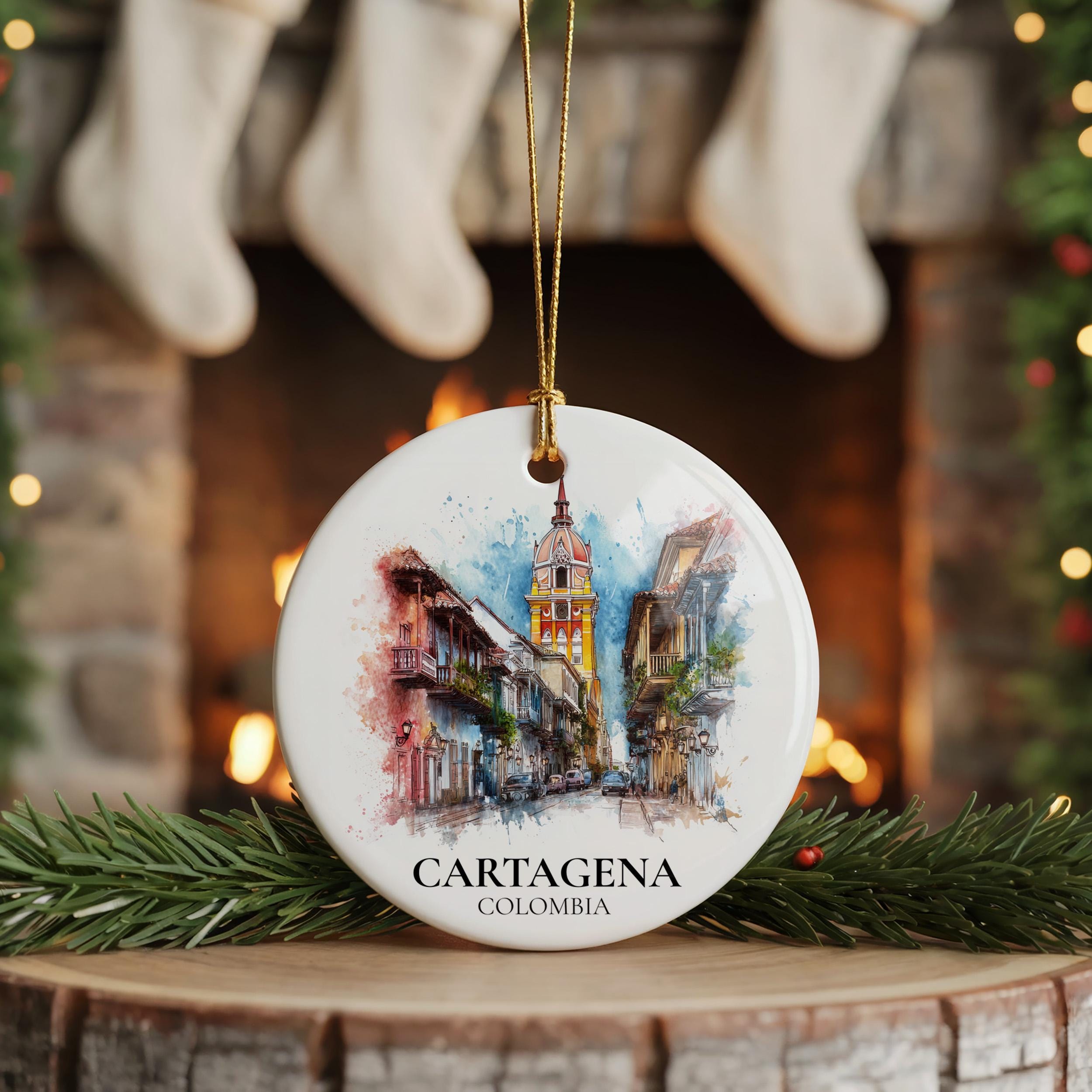 Cartagena Colombia Personalized Watercolor Ornament, Custom Ceramic Christmas gift, Travel Keepsake