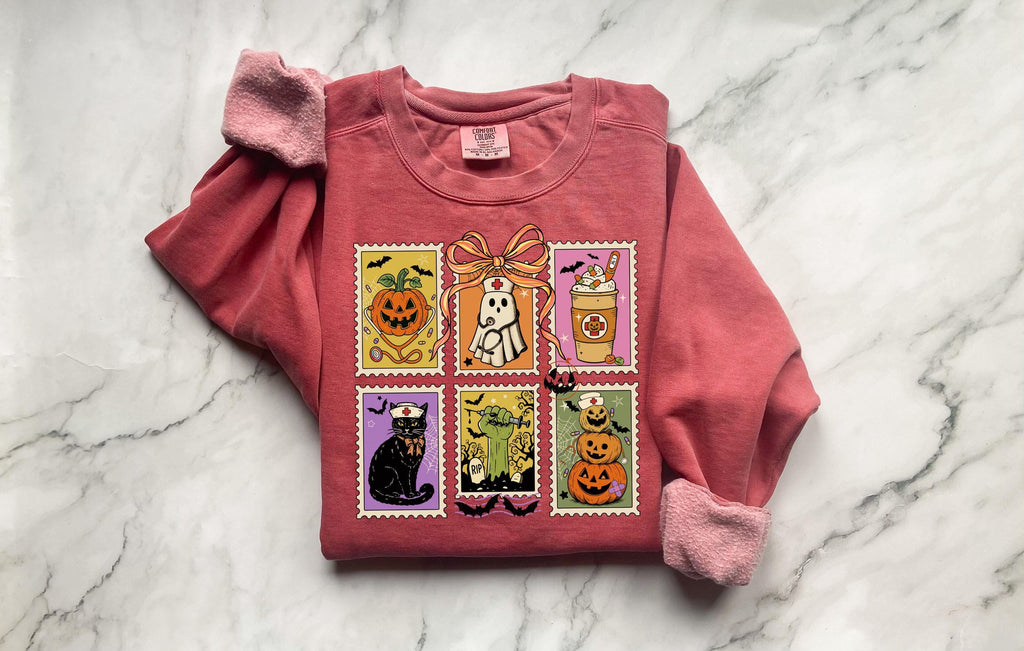 Halloween Tarot Card Sweatshirt, Witchy Nurse Fall Pullover with Pumpkin Cat Skeleton Prints, Spooky Vintage Top, Cozy Retro Gift