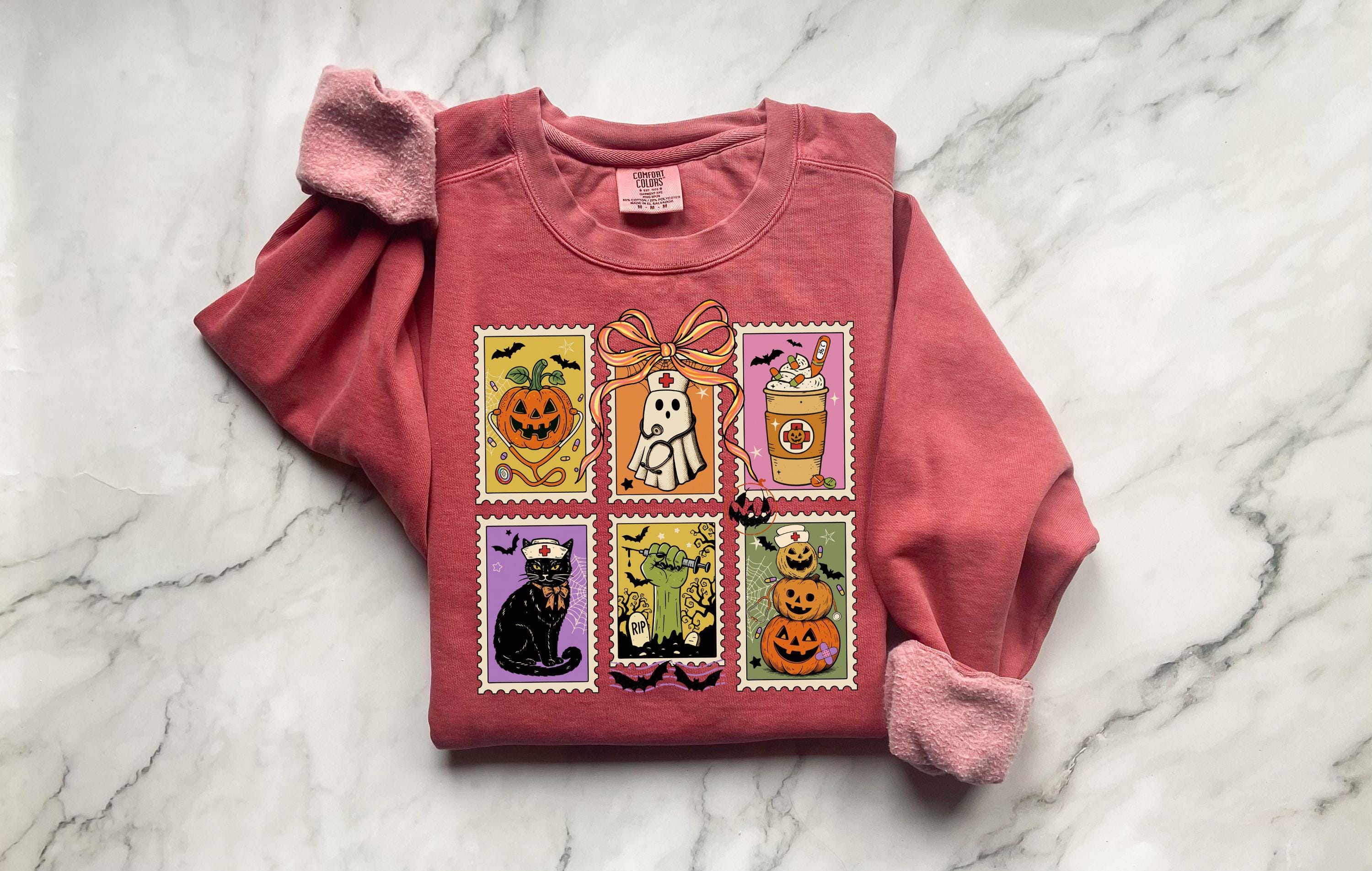 Halloween Tarot Card Sweatshirt, Witchy Nurse Fall Pullover with Pumpkin Cat Skeleton Prints, Spooky Vintage Top, Cozy Retro Gift